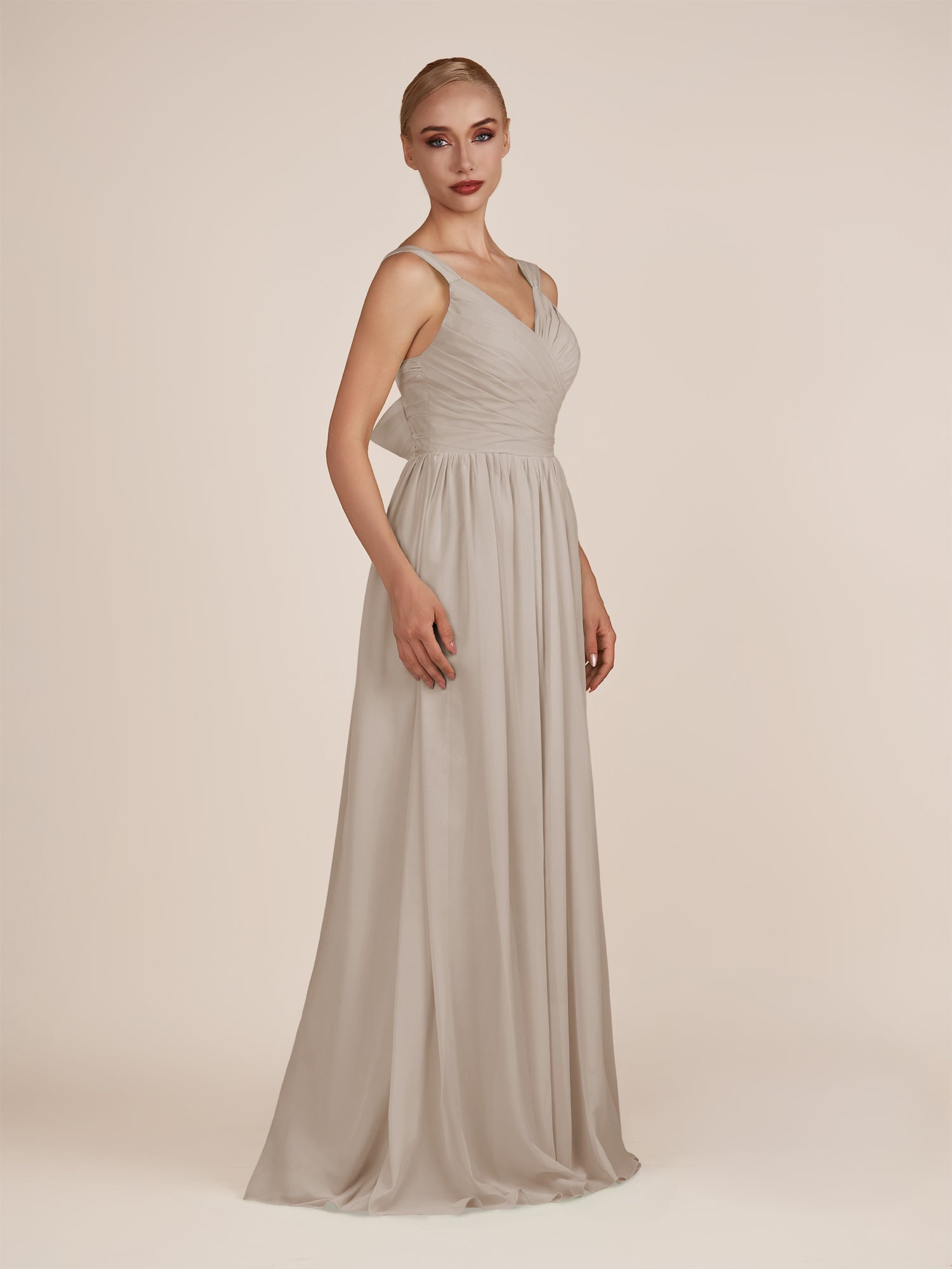 KissDress-Azura Frost A-Line V Neck Chiffon Pleated Long Bridesmaid Dress with Slit