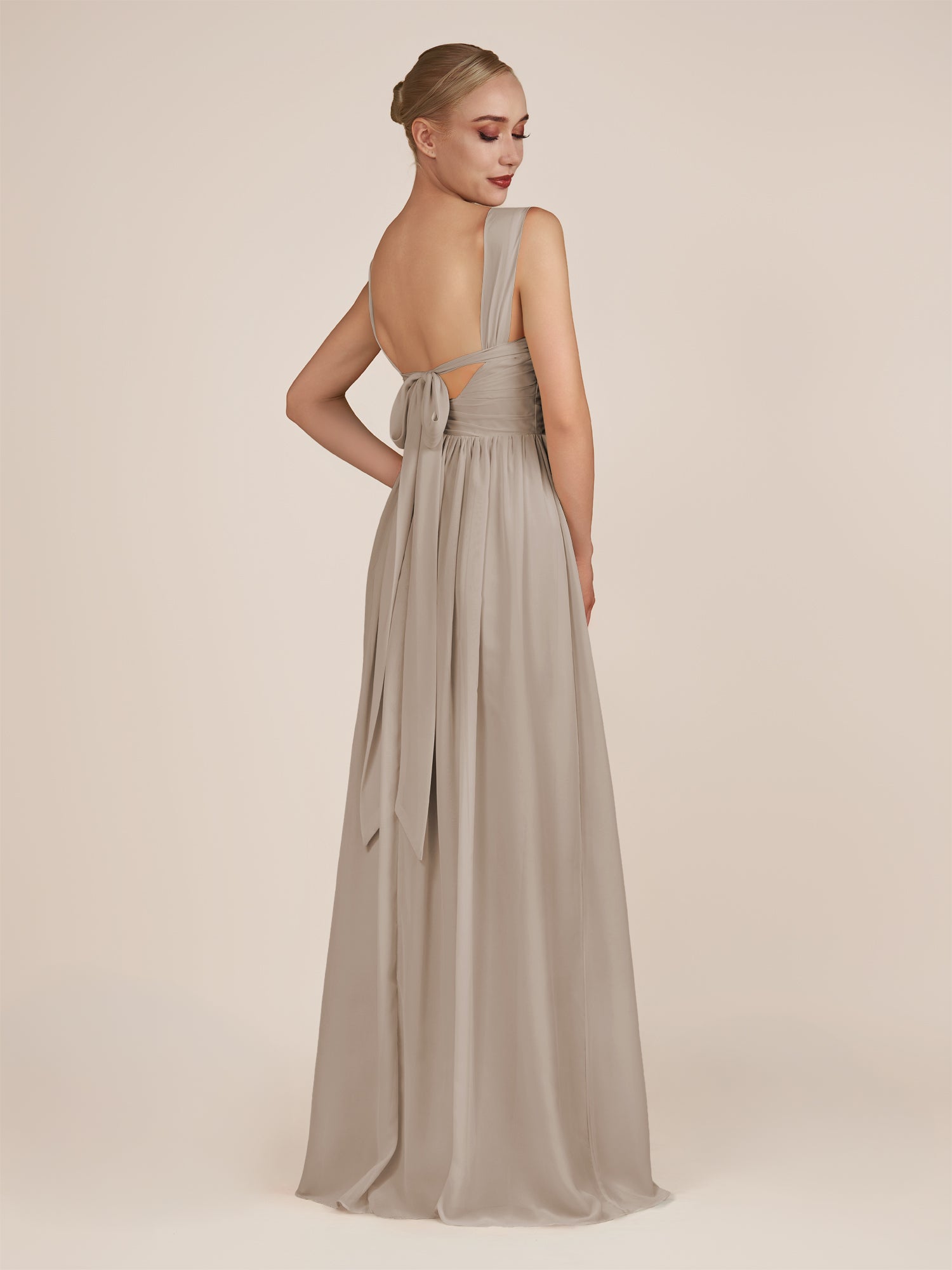 KissDress-Azura Frost A-Line V Neck Chiffon Pleated Long Bridesmaid Dress with Slit