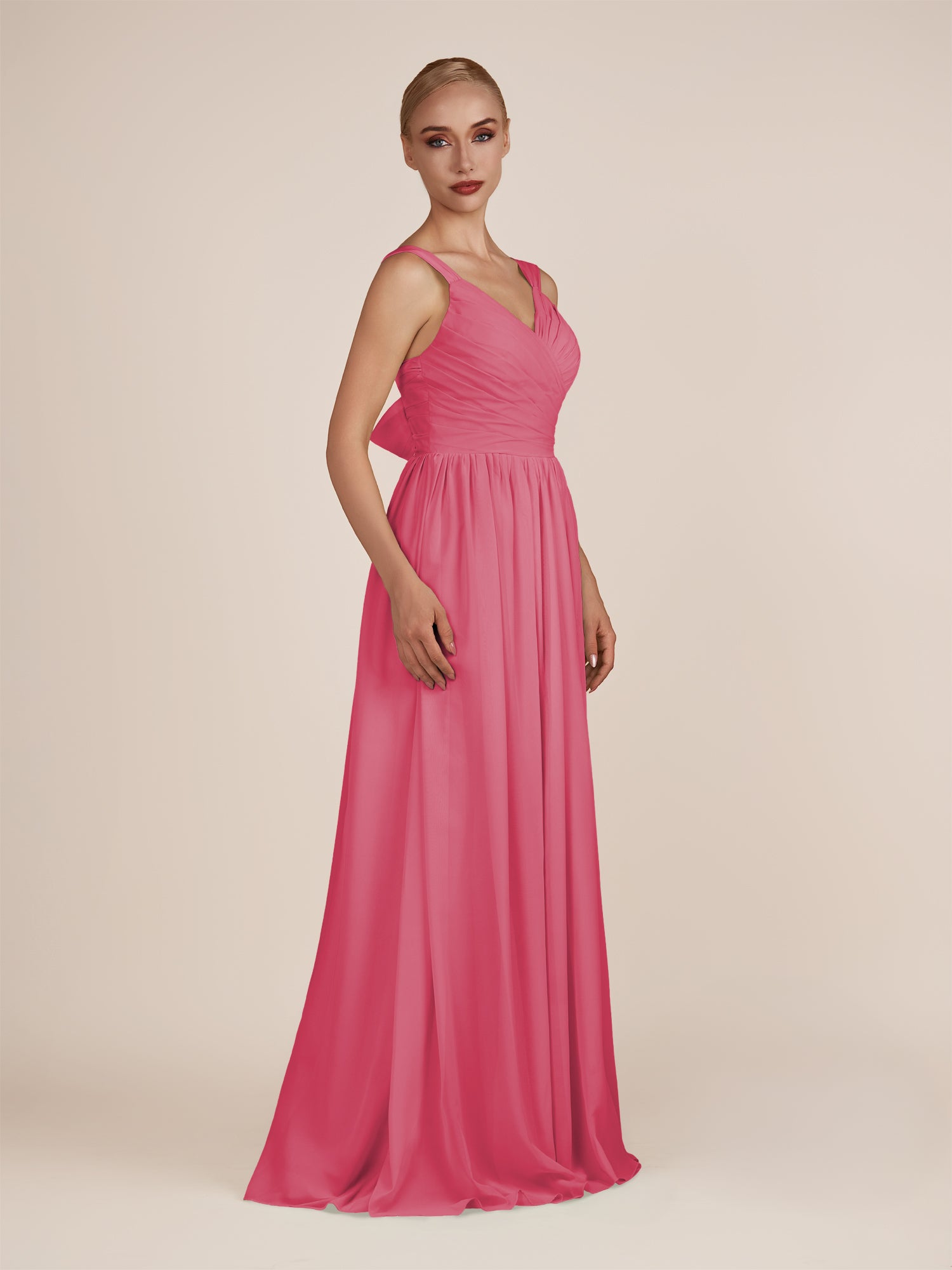 KissDress-Azura Fuchsia A-Line V Neck Chiffon Pleated Long Bridesmaid Dress with Slit