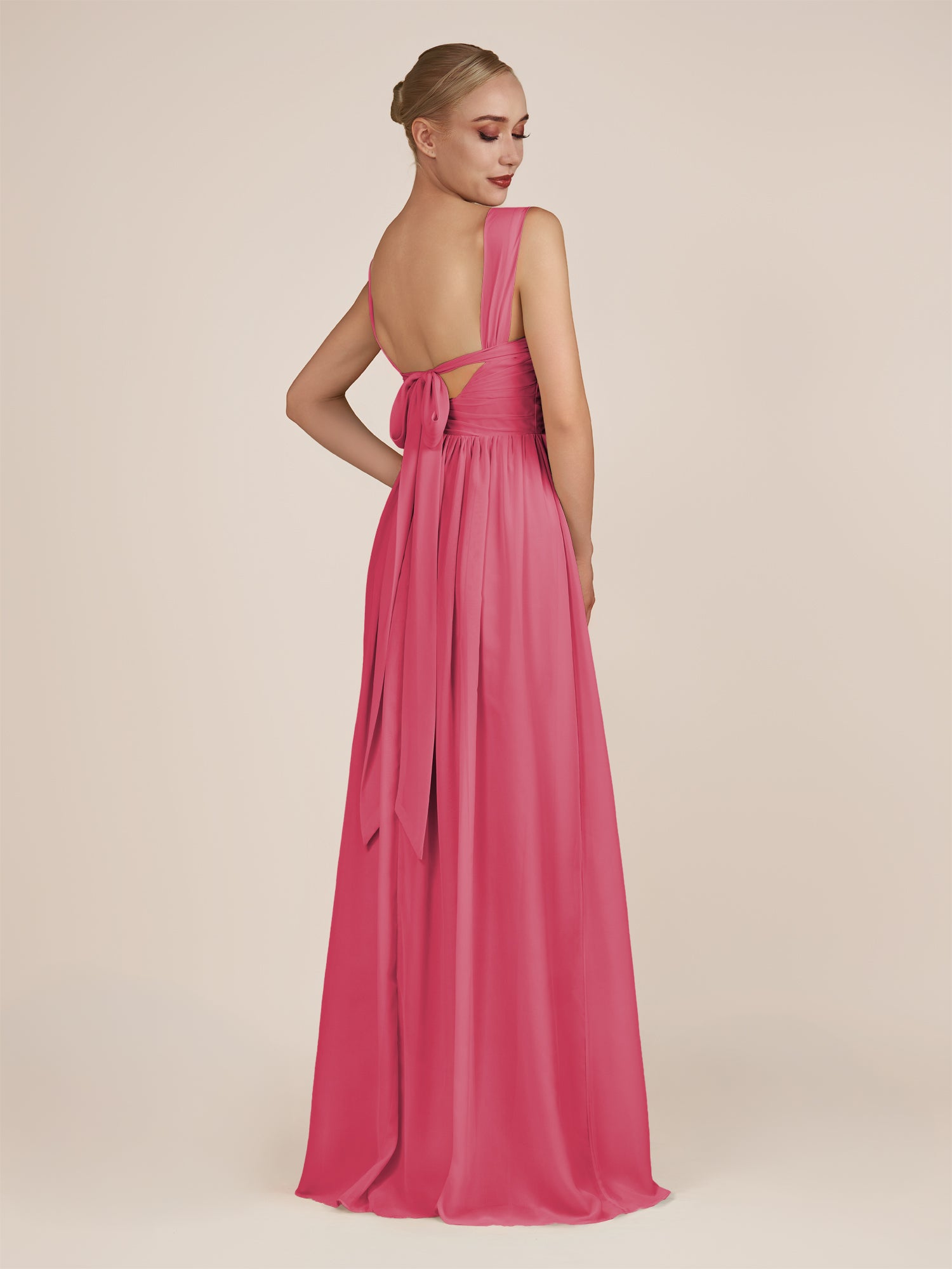 KissDress-Azura Fuchsia A-Line V Neck Chiffon Pleated Long Bridesmaid Dress with Slit