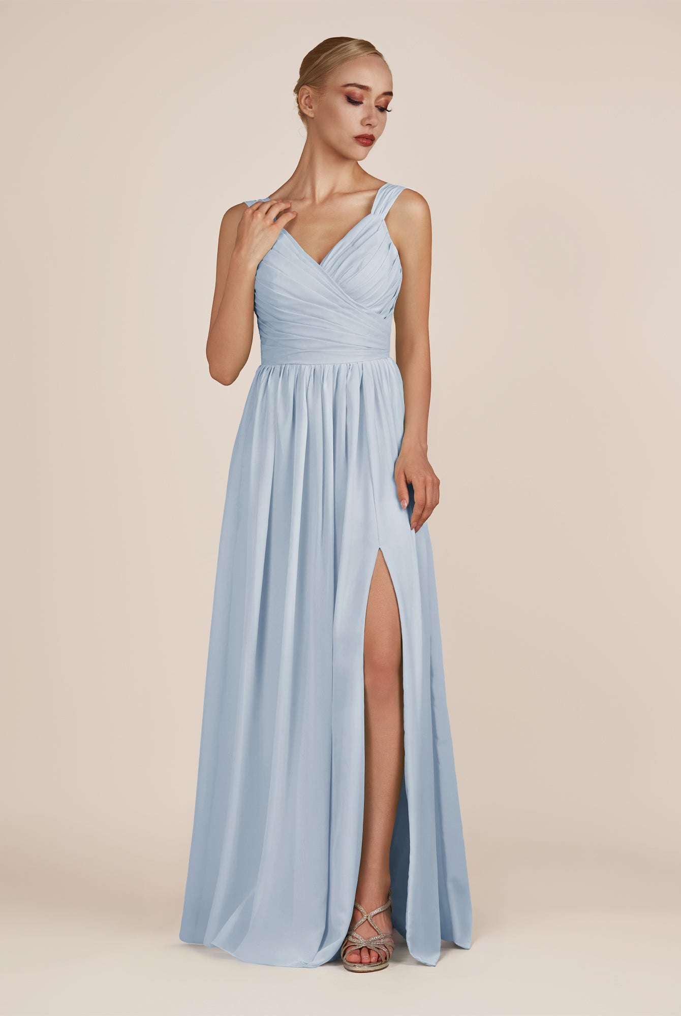 KissDress-Azura Ice A-Line V Neck Chiffon Pleated Long Bridesmaid Dress with Slit
