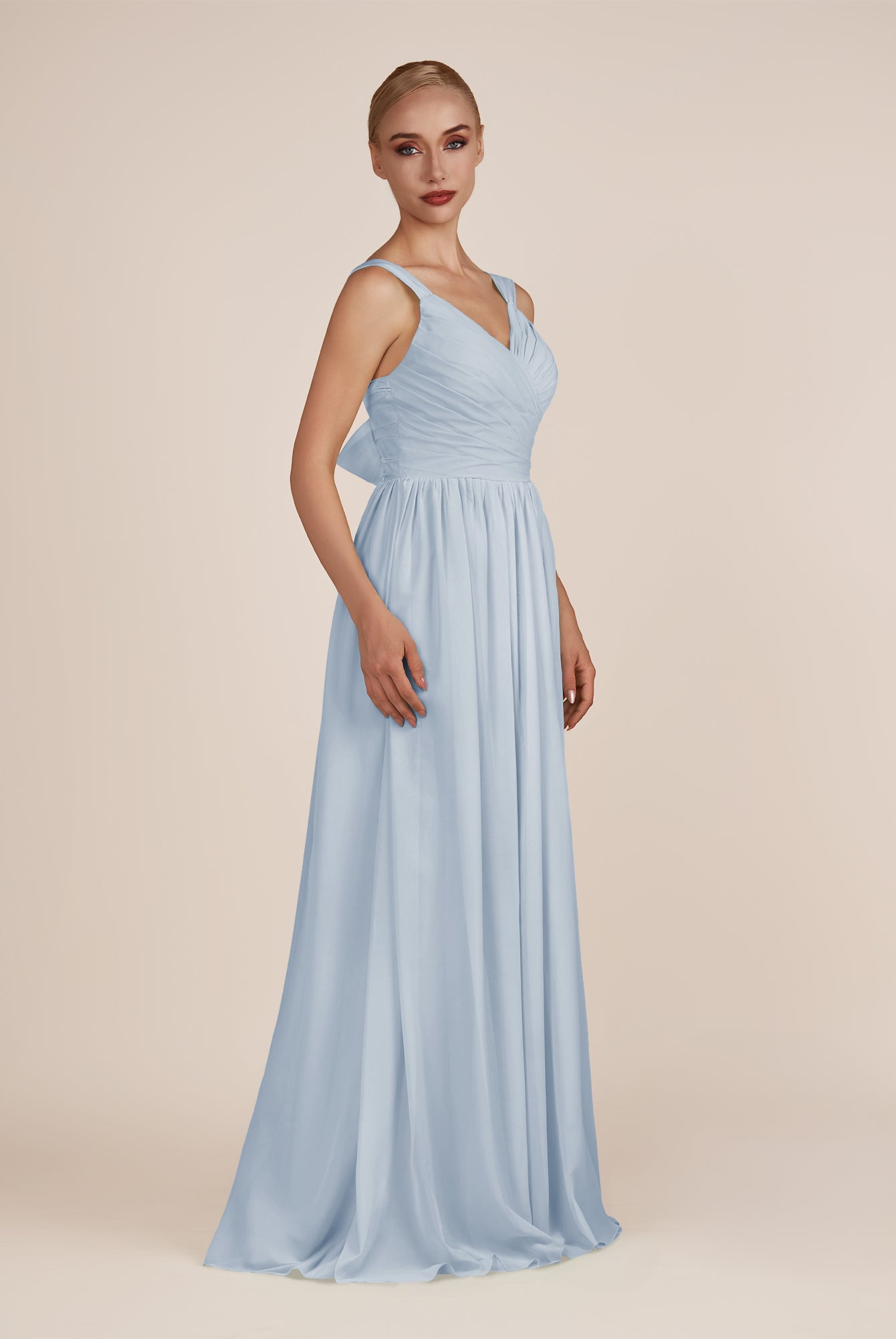 KissDress-Azura Ice A-Line V Neck Chiffon Pleated Long Bridesmaid Dress with Slit