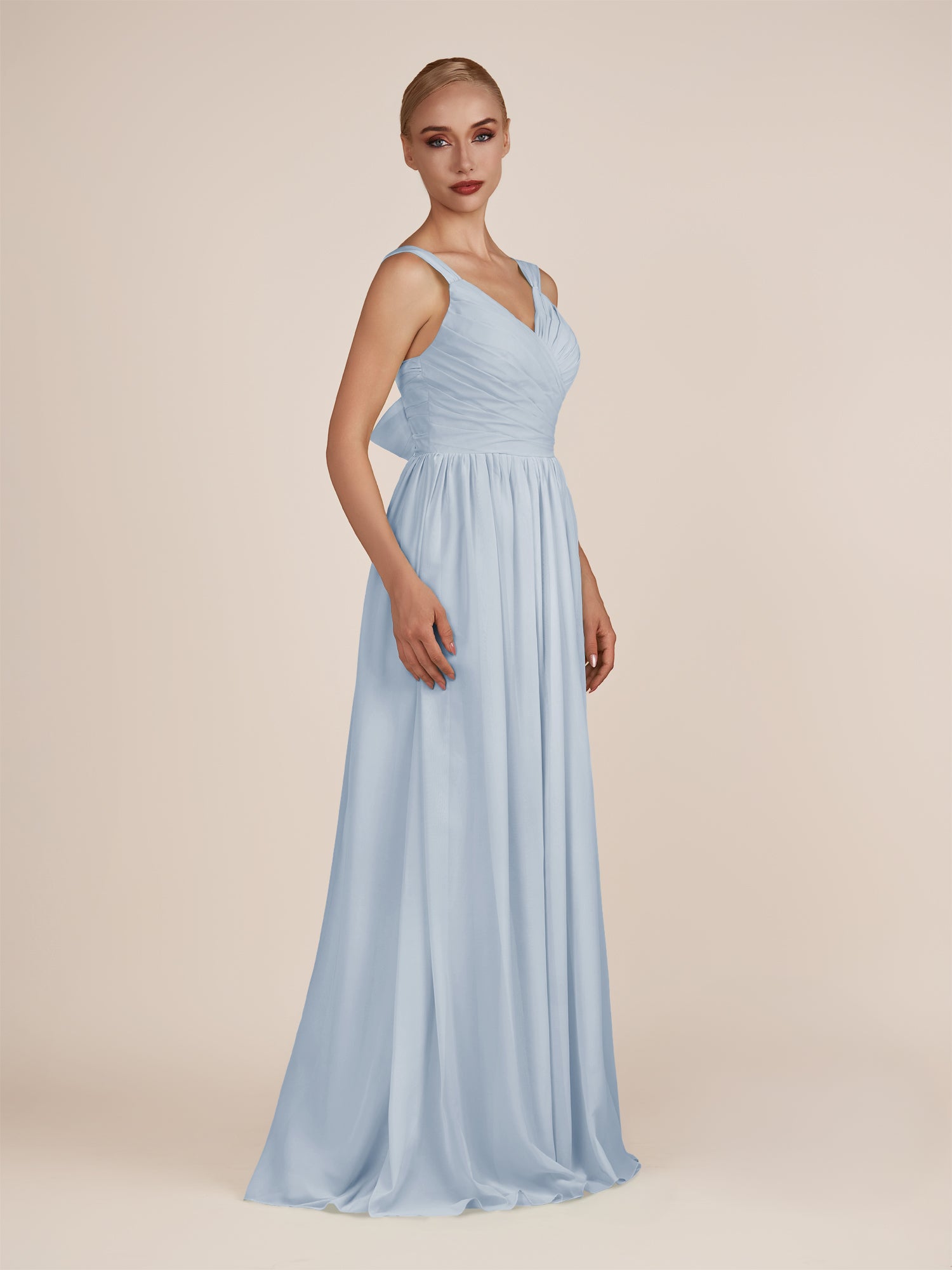 KissDress-Azura Ice A-Line V Neck Chiffon Pleated Long Bridesmaid Dress with Slit