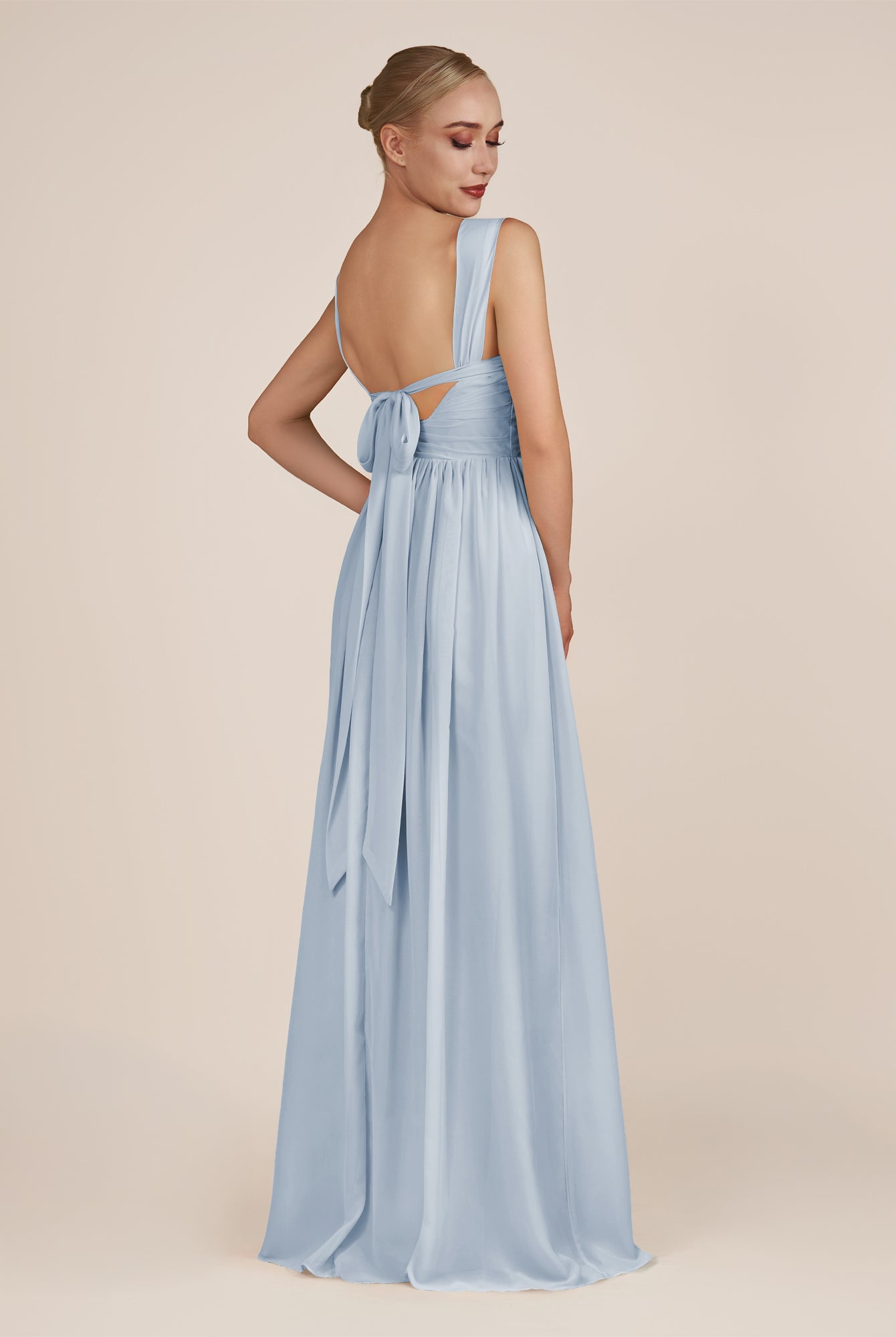 KissDress-Azura Ice A-Line V Neck Chiffon Pleated Long Bridesmaid Dress with Slit