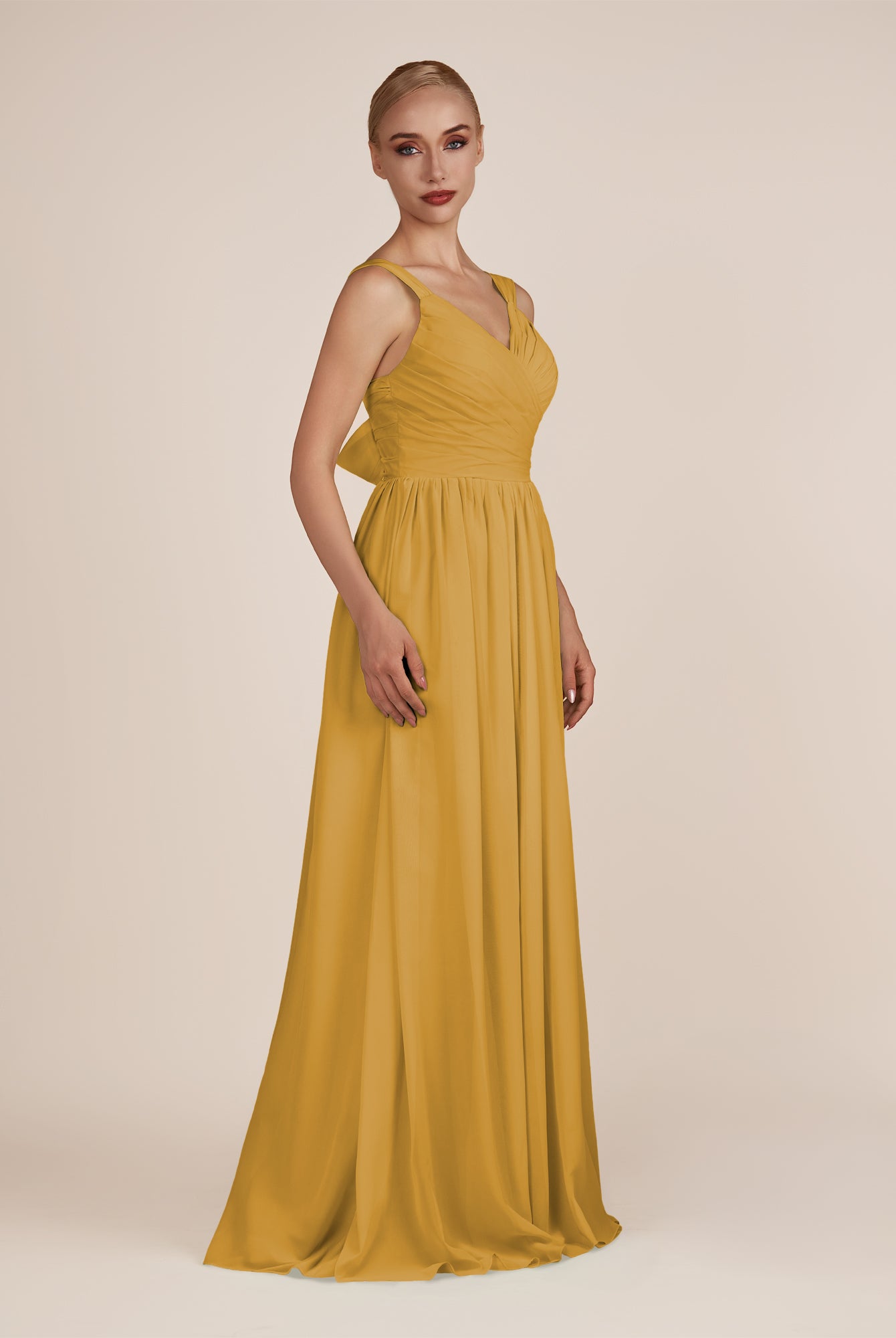 KissDress-Azura Marigold A-Line V Neck Chiffon Pleated Long Bridesmaid Dress with Slit