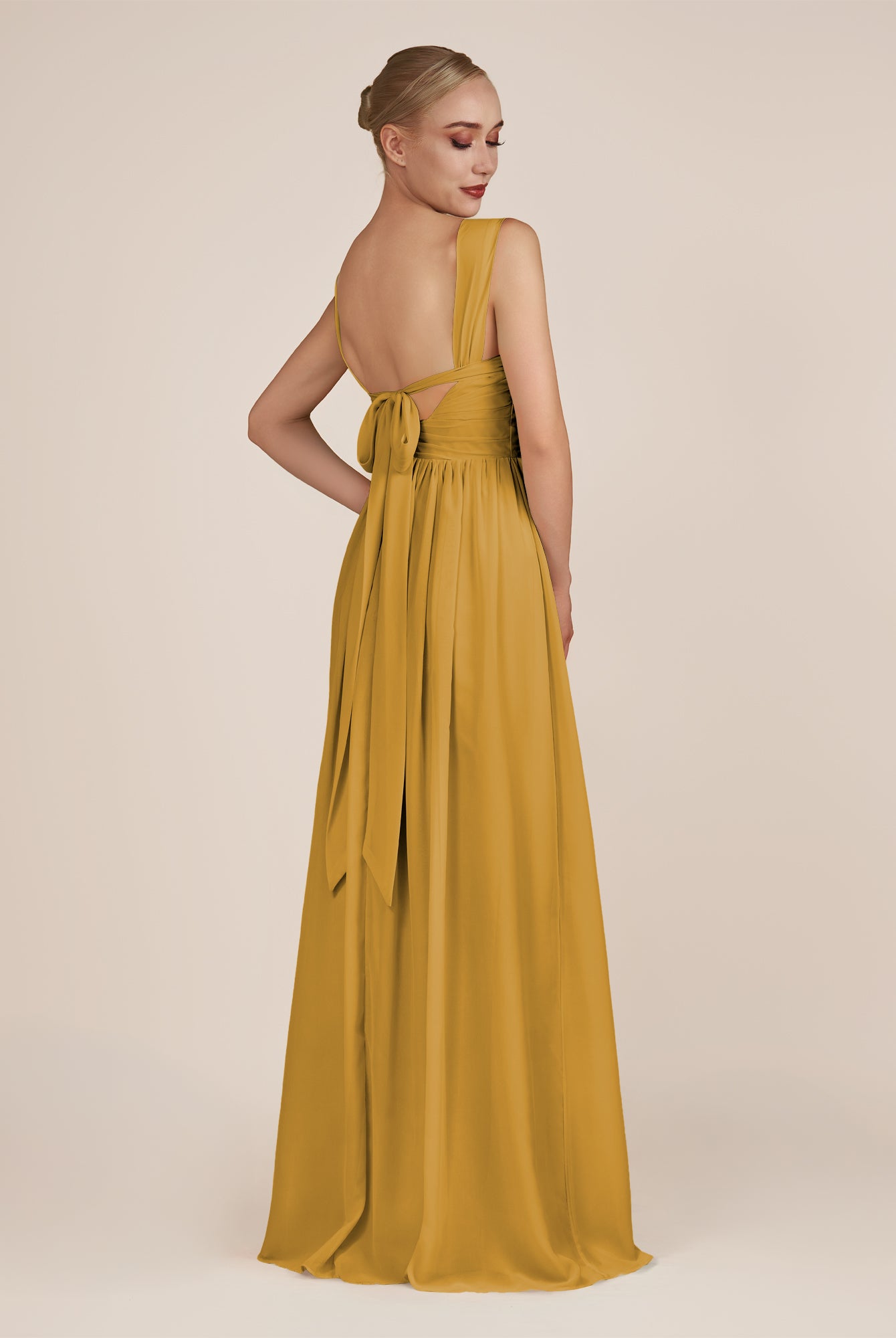 KissDress-Azura Marigold A-Line V Neck Chiffon Pleated Long Bridesmaid Dress with Slit