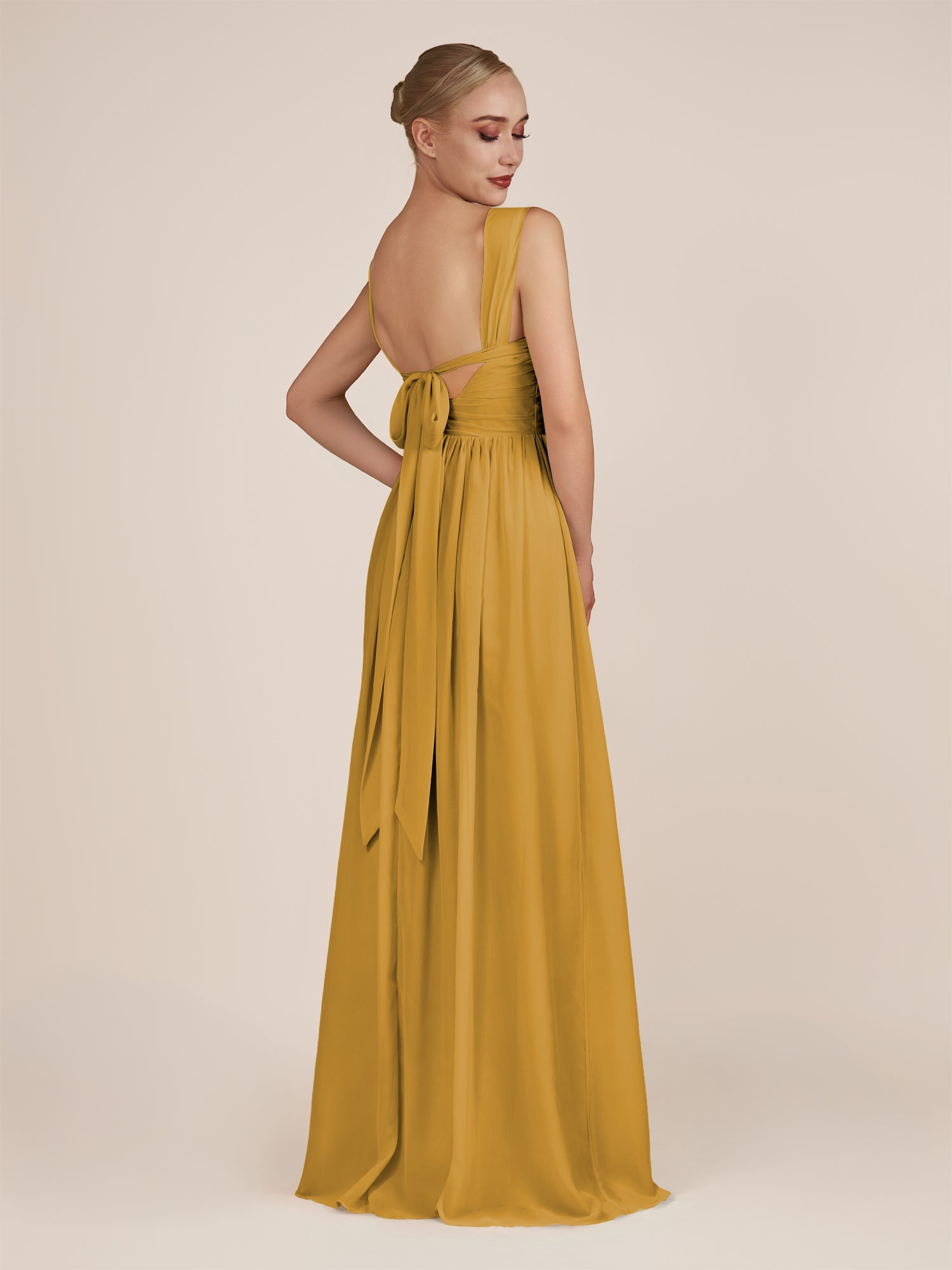 KissDress-Azura Marigold A-Line V Neck Chiffon Pleated Long Bridesmaid Dress with Slit