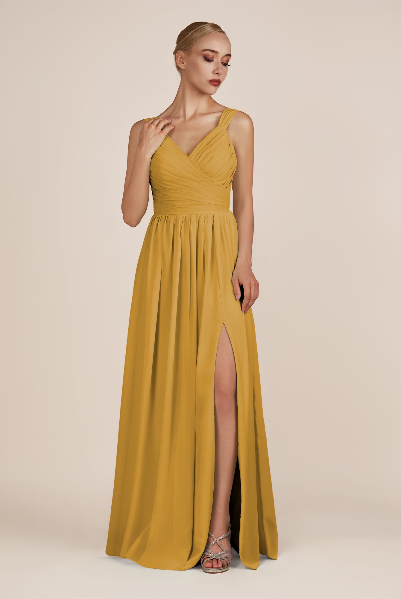 KissDress-Azura Marigold A-Line V Neck Chiffon Pleated Long Bridesmaid Dress with Slit