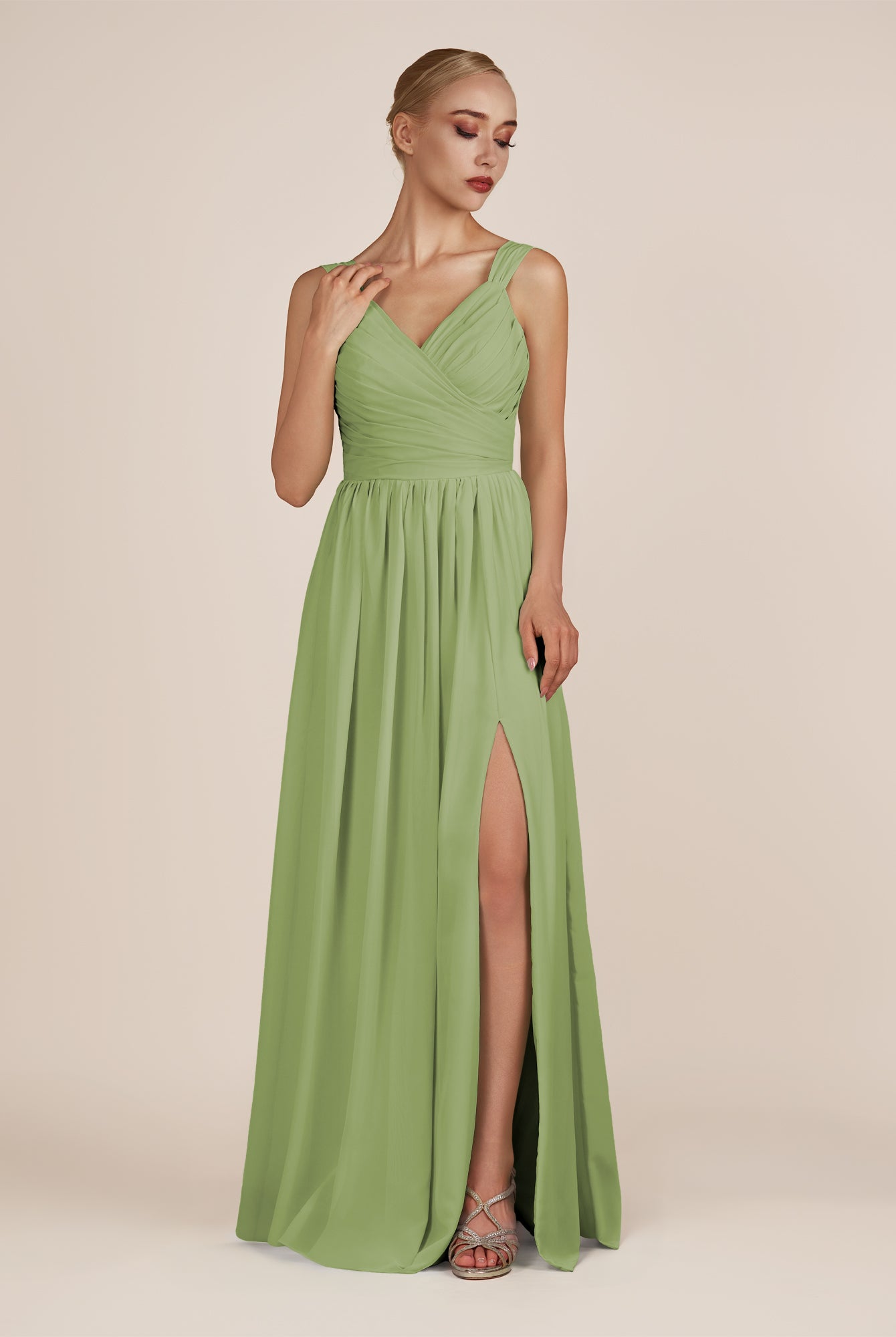 KissDress-Azura Matcha A-Line V Neck Chiffon Pleated Long Bridesmaid Dress with Slit