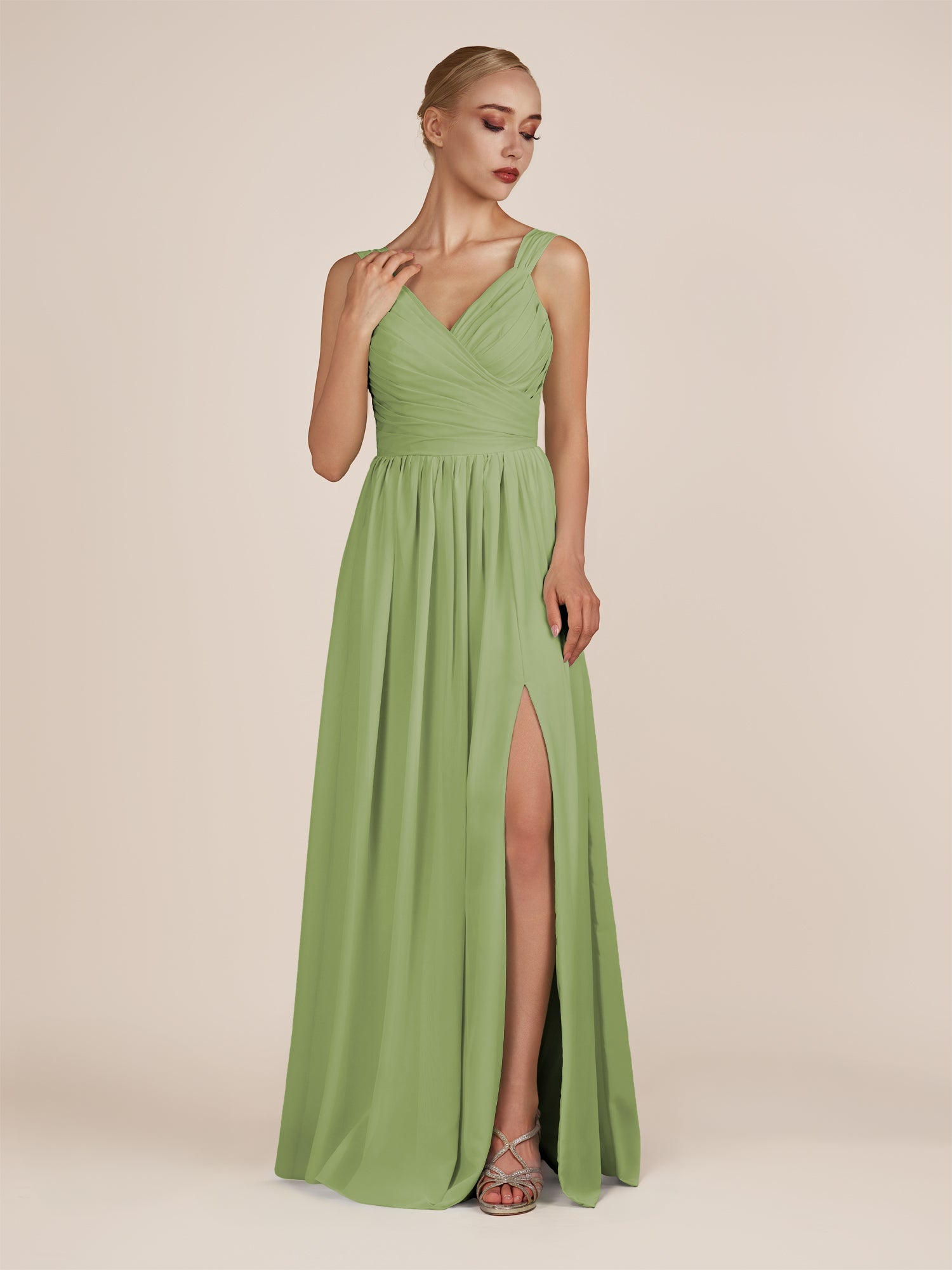 KissDress-Azura Matcha A-Line V Neck Chiffon Pleated Long Bridesmaid Dress with Slit