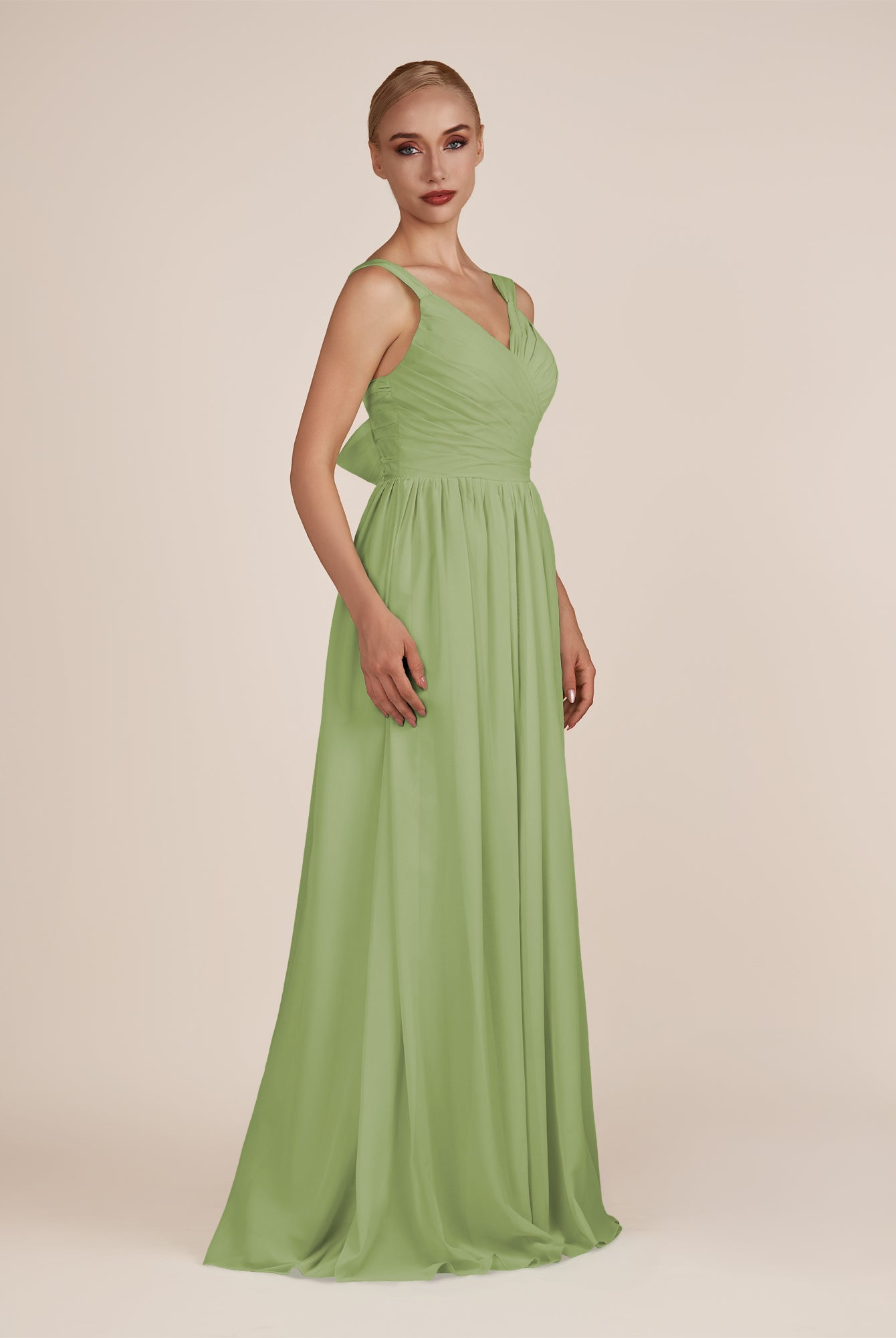KissDress-Azura Matcha A-Line V Neck Chiffon Pleated Long Bridesmaid Dress with Slit