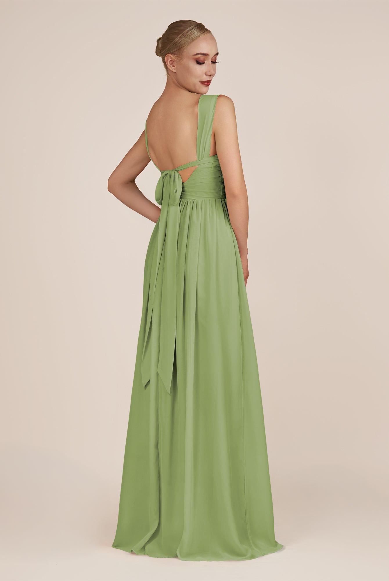 KissDress-Azura Matcha A-Line V Neck Chiffon Pleated Long Bridesmaid Dress with Slit