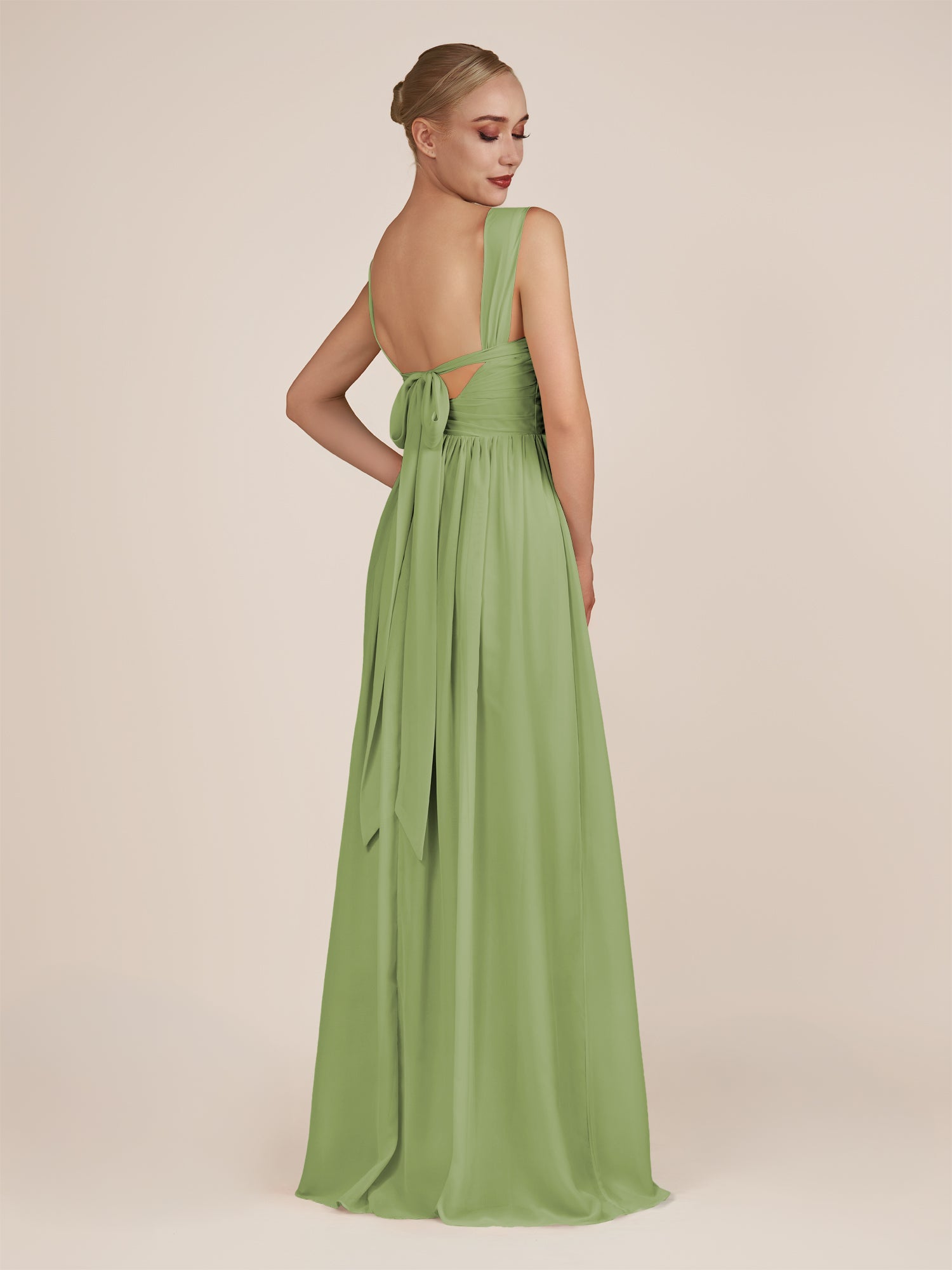 KissDress-Azura Matcha A-Line V Neck Chiffon Pleated Long Bridesmaid Dress with Slit