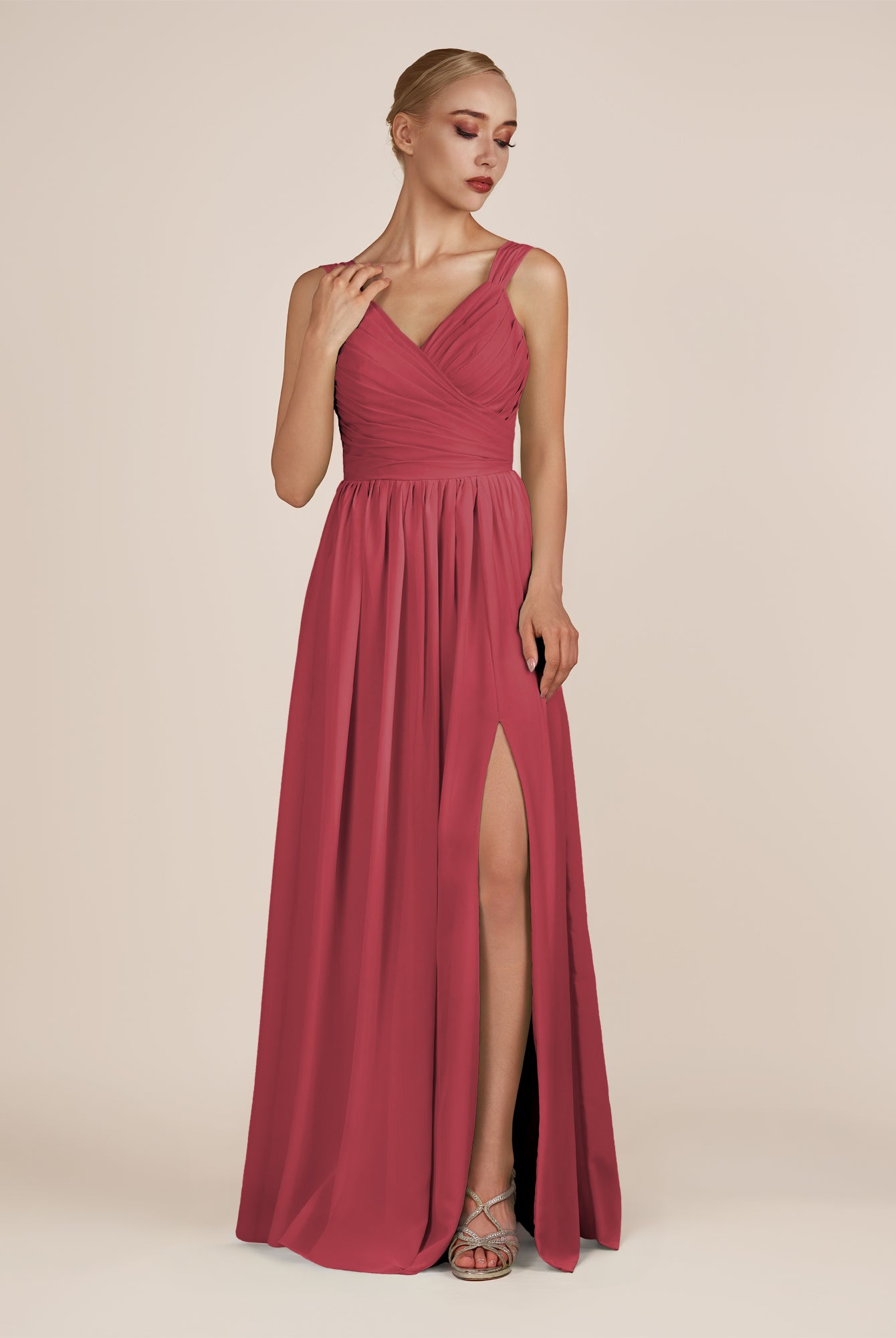 KissDress-Azura Merlot A-Line V Neck Chiffon Pleated Long Bridesmaid Dress with Slit