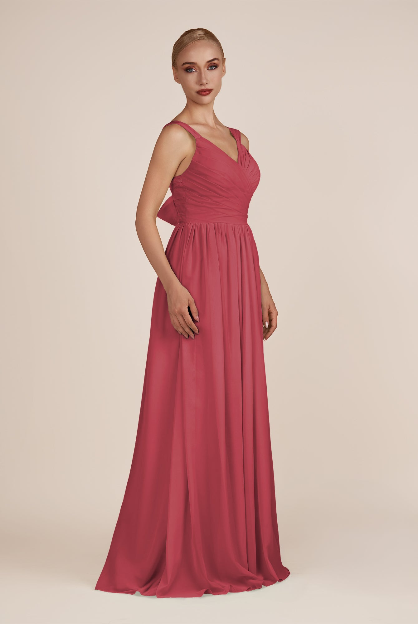 KissDress-Azura Merlot A-Line V Neck Chiffon Pleated Long Bridesmaid Dress with Slit