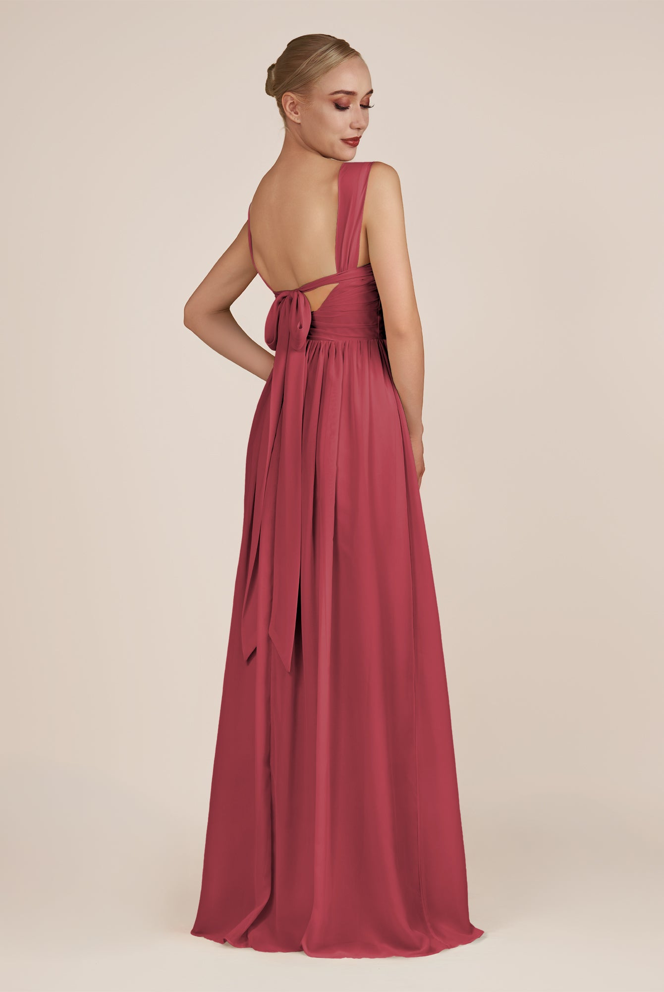 KissDress-Azura Merlot A-Line V Neck Chiffon Pleated Long Bridesmaid Dress with Slit