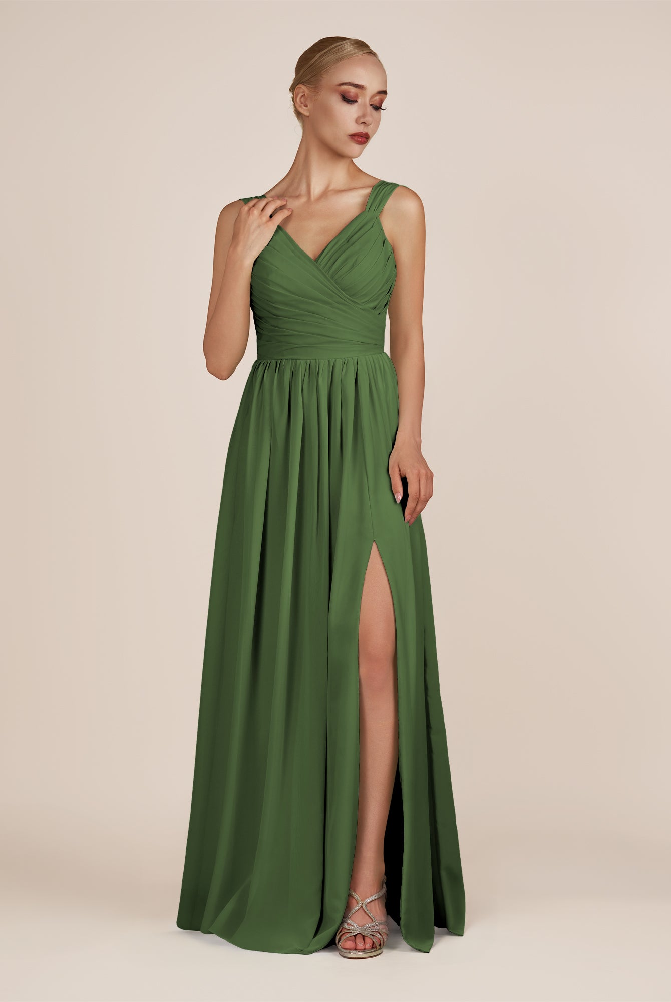 KissDress-Azura Moss A-Line V Neck Chiffon Pleated Long Bridesmaid Dress with Slit