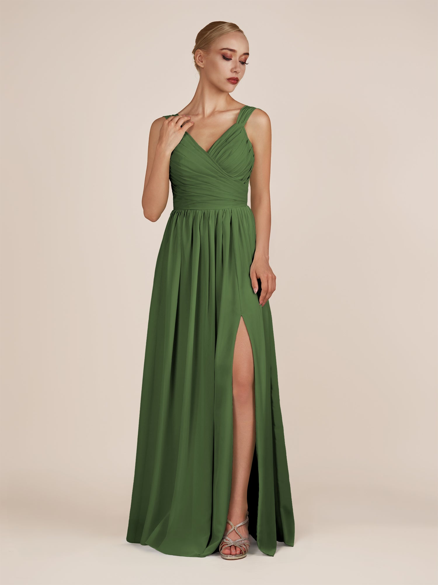 KissDress-Azura Moss A-Line V Neck Chiffon Pleated Long Bridesmaid Dress with Slit