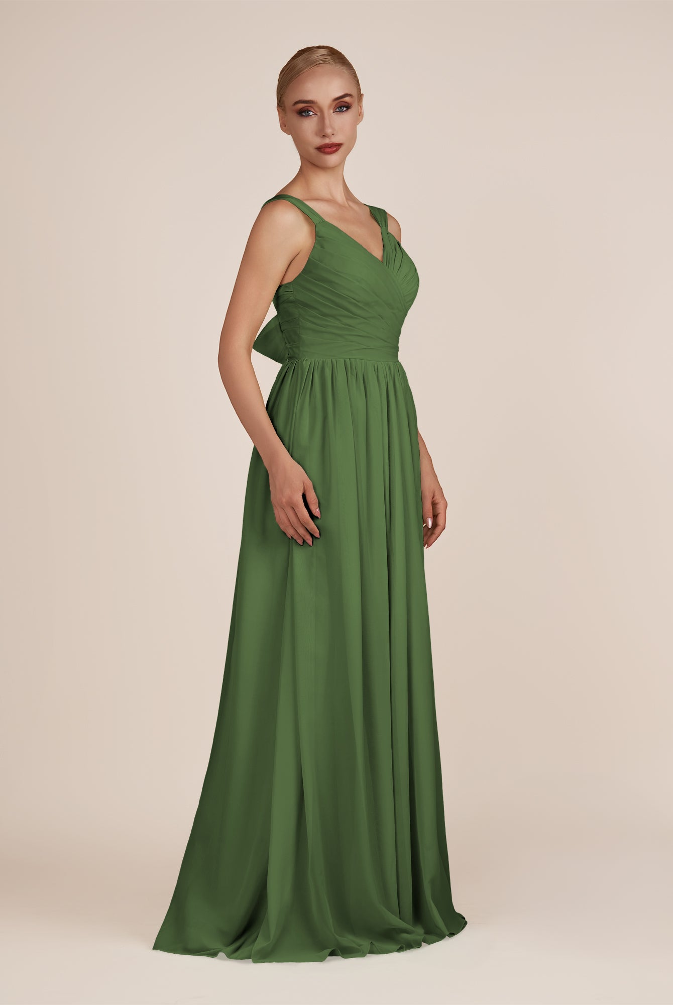KissDress-Azura Moss A-Line V Neck Chiffon Pleated Long Bridesmaid Dress with Slit