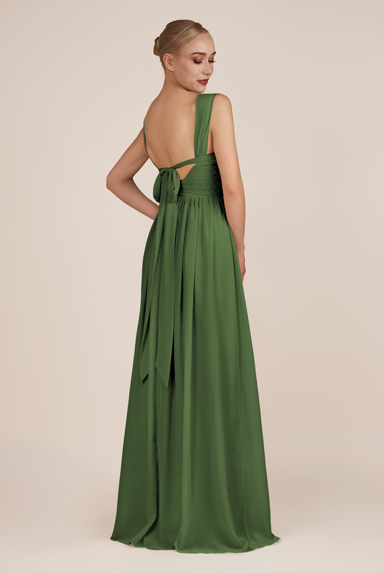 KissDress-Azura Moss A-Line V Neck Chiffon Pleated Long Bridesmaid Dress with Slit