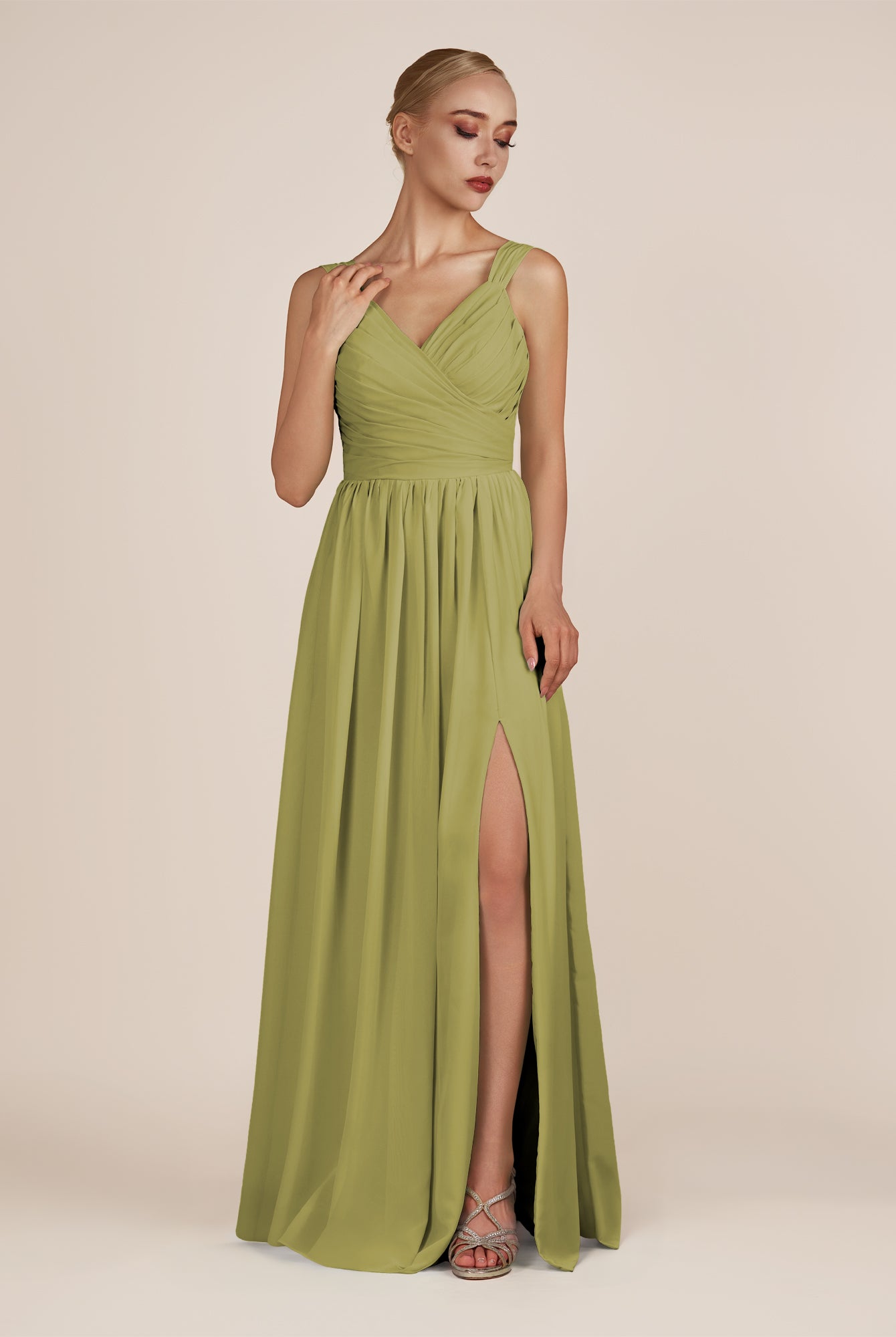 KissDress-Azura Moss Green A-Line V Neck Chiffon Pleated Long Bridesmaid Dress with Slit