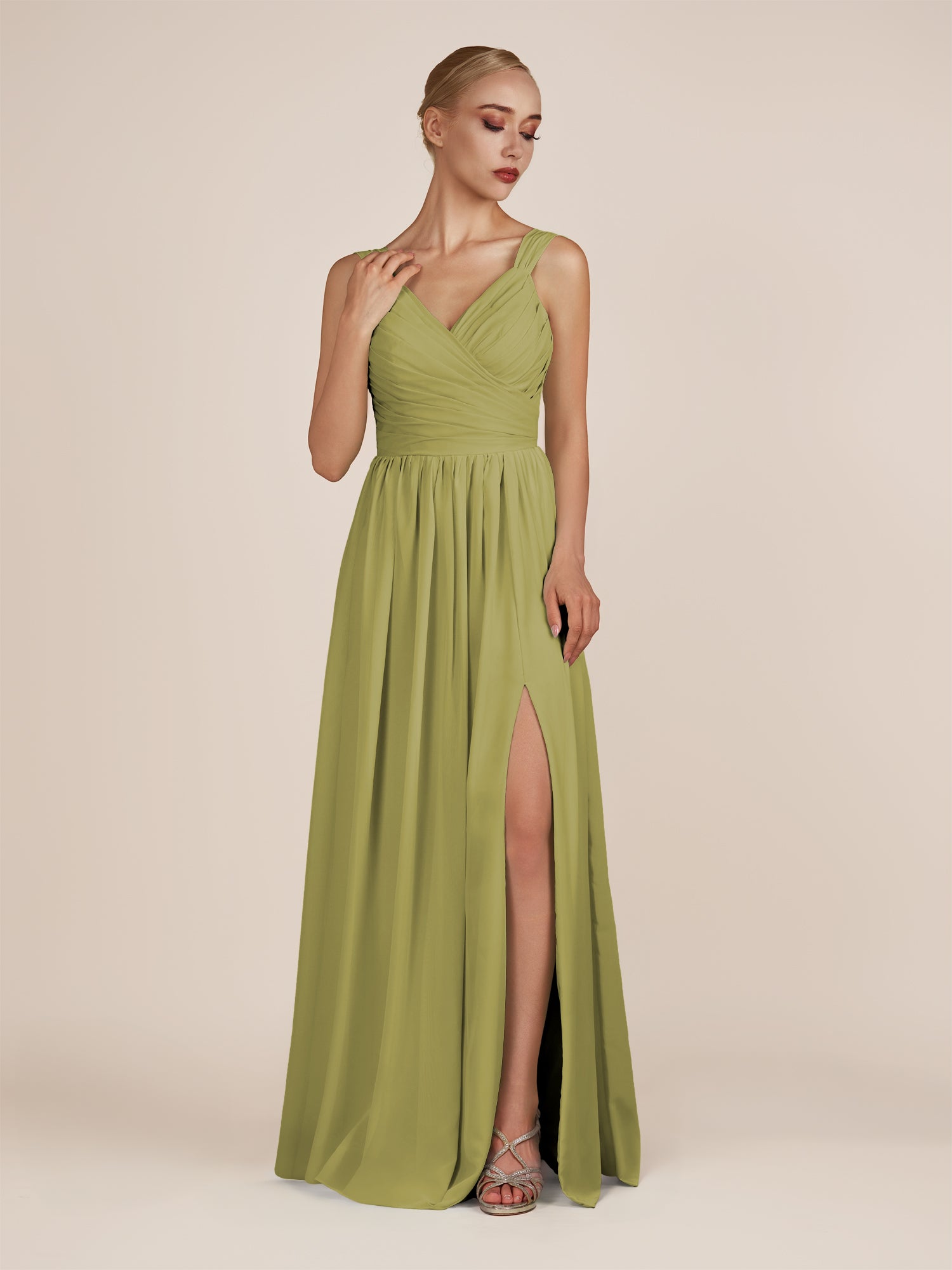 KissDress-Azura Moss Green A-Line V Neck Chiffon Pleated Long Bridesmaid Dress with Slit