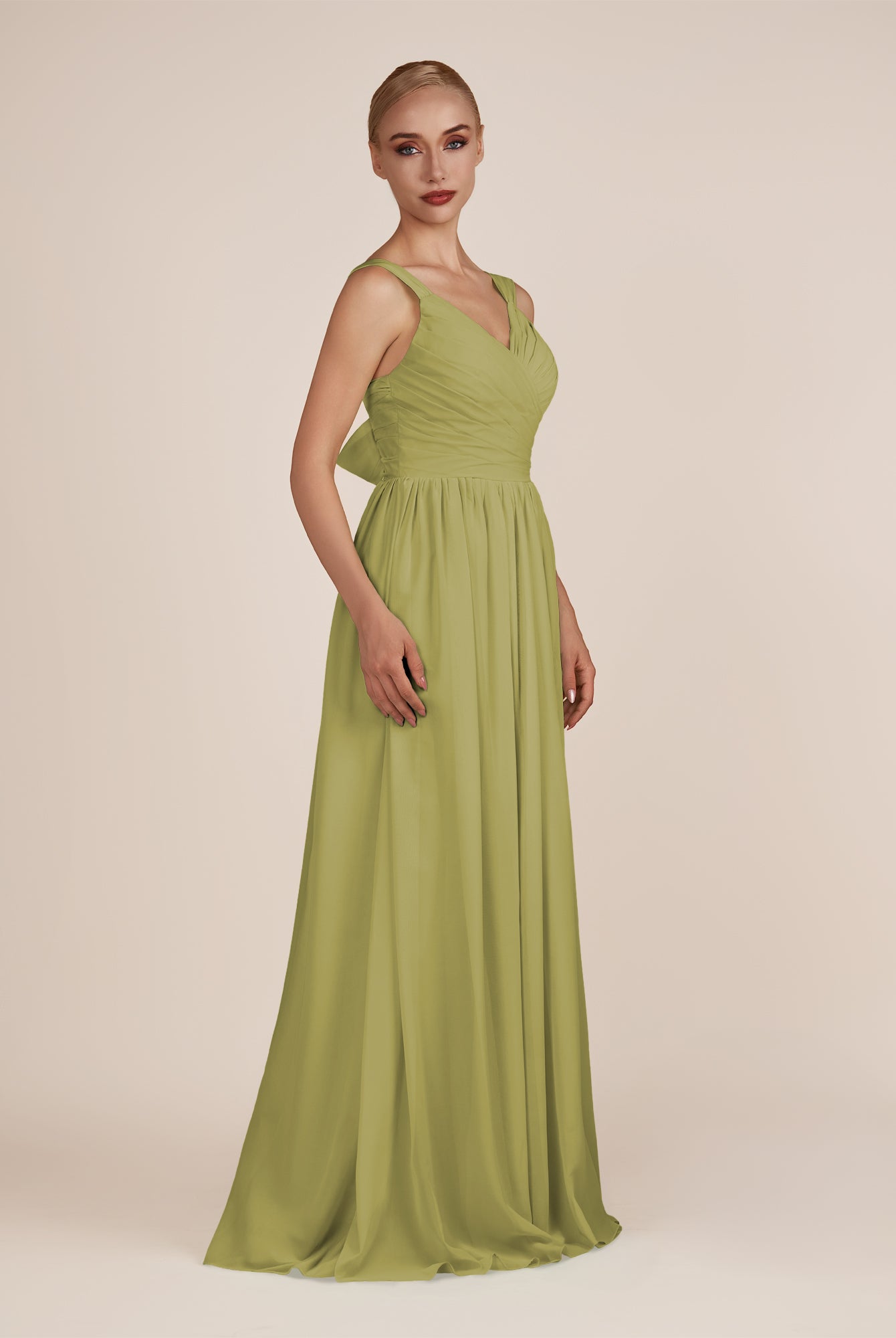 KissDress-Azura Moss Green A-Line V Neck Chiffon Pleated Long Bridesmaid Dress with Slit