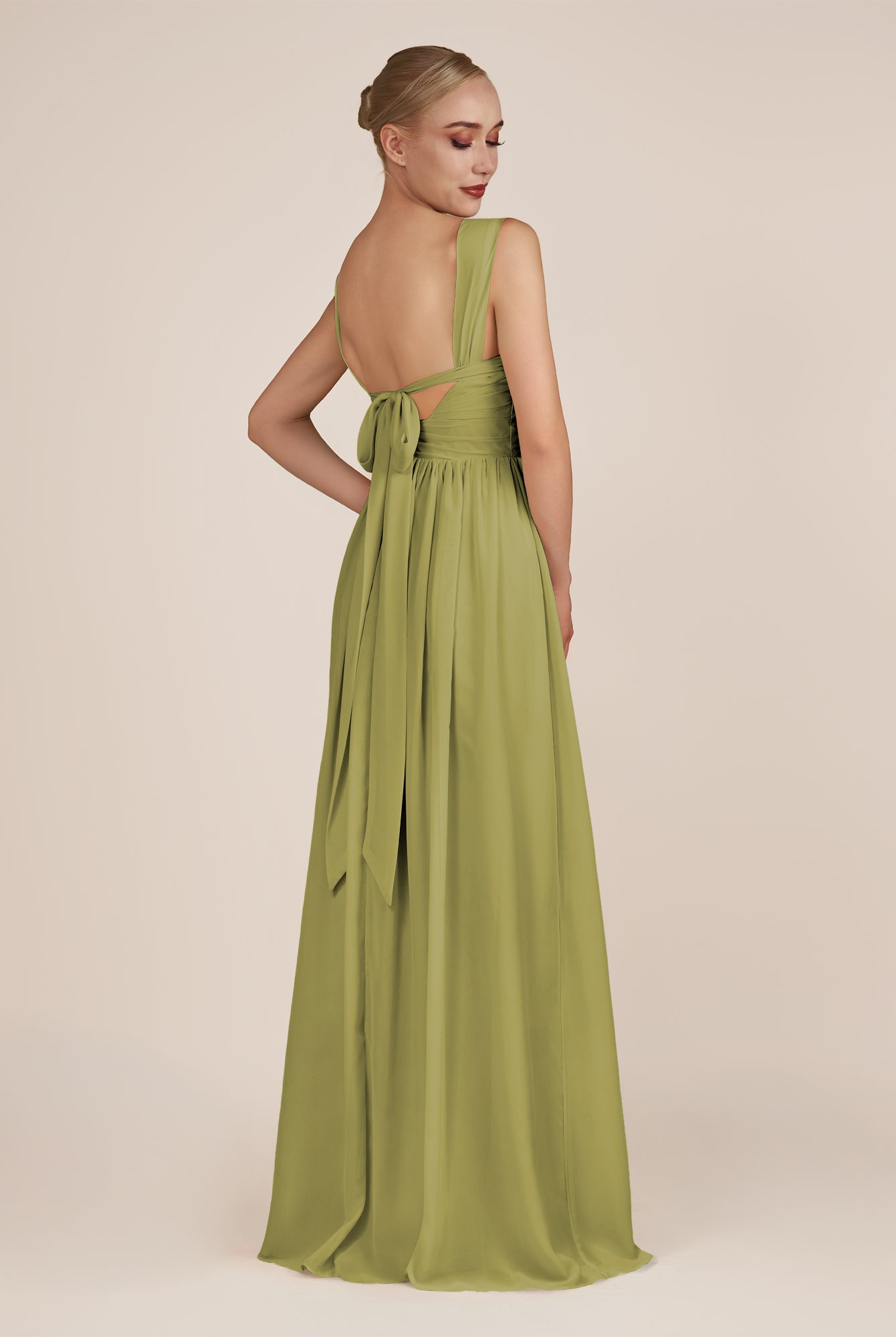 KissDress-Azura Moss Green A-Line V Neck Chiffon Pleated Long Bridesmaid Dress with Slit