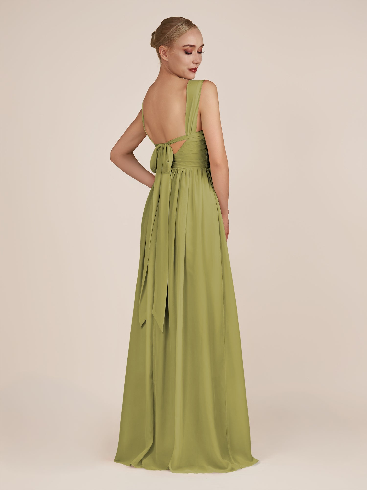 KissDress-Azura Moss Green A-Line V Neck Chiffon Pleated Long Bridesmaid Dress with Slit