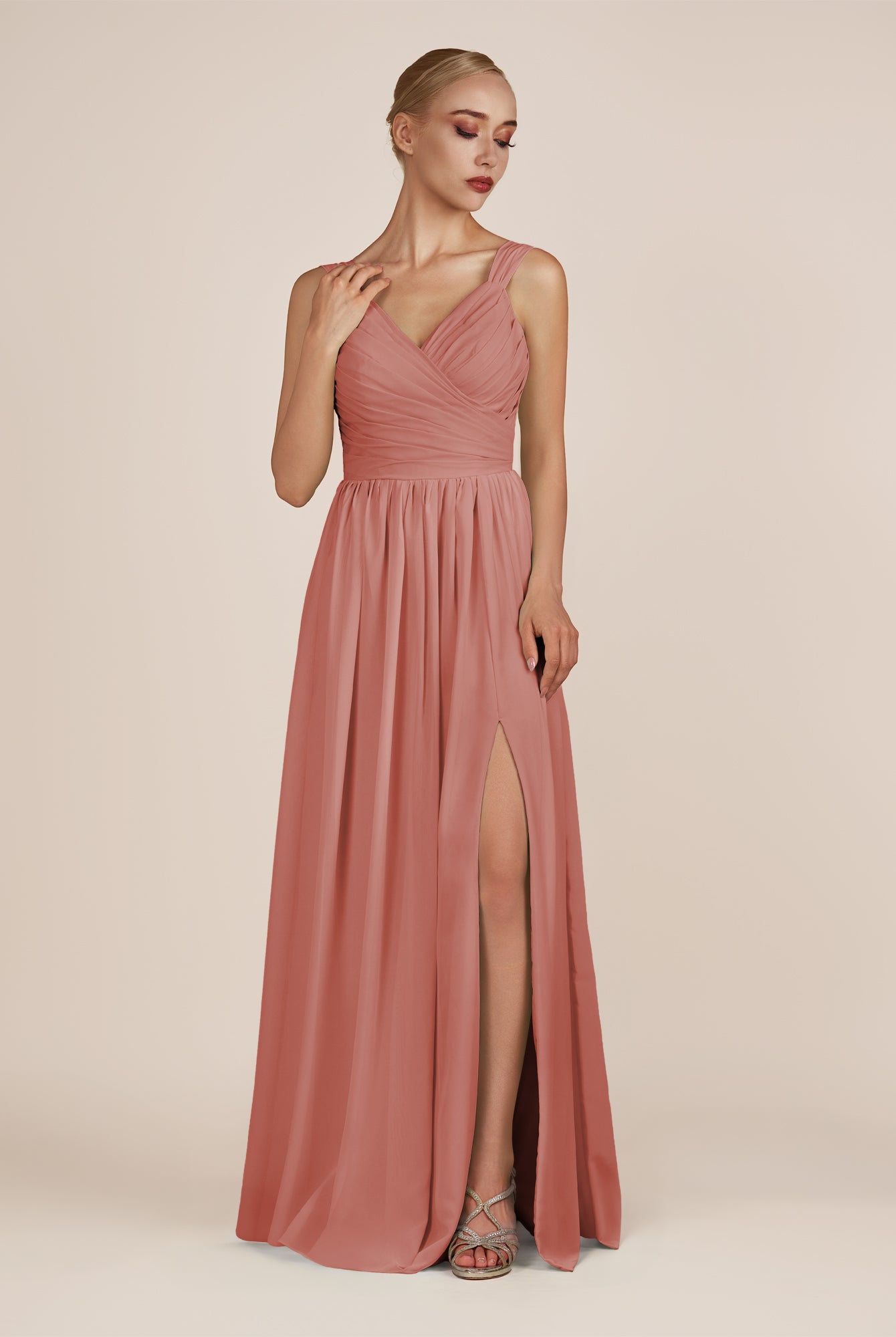 KissDress-Azura Mulberry A-Line V Neck Chiffon Pleated Long Bridesmaid Dress with Slit