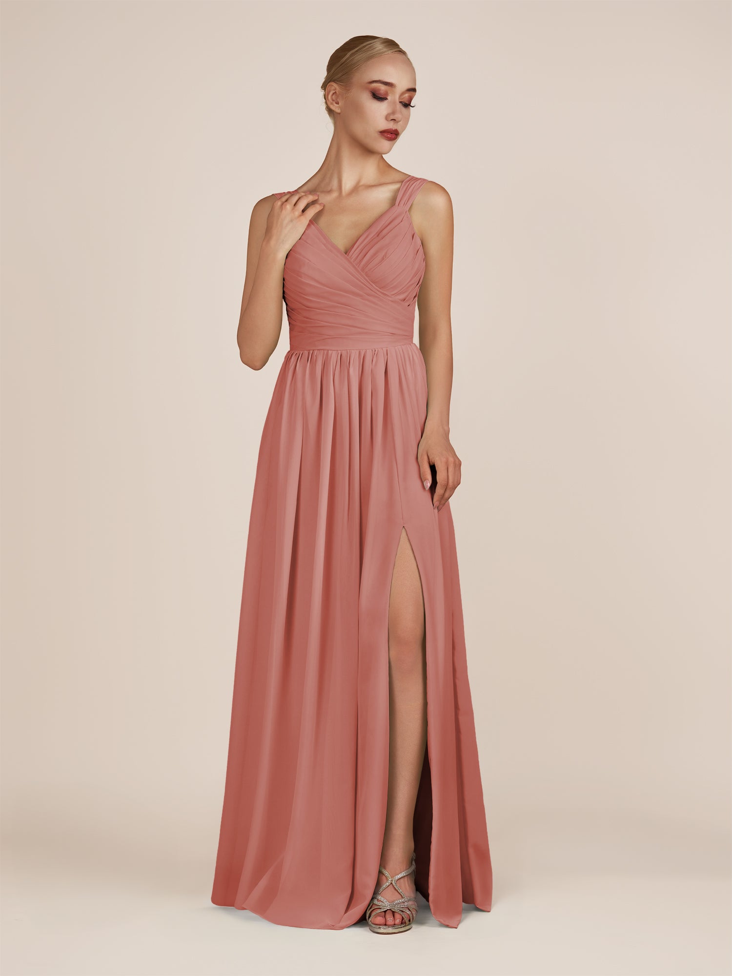 KissDress-Azura Mulberry A-Line V Neck Chiffon Pleated Long Bridesmaid Dress with Slit