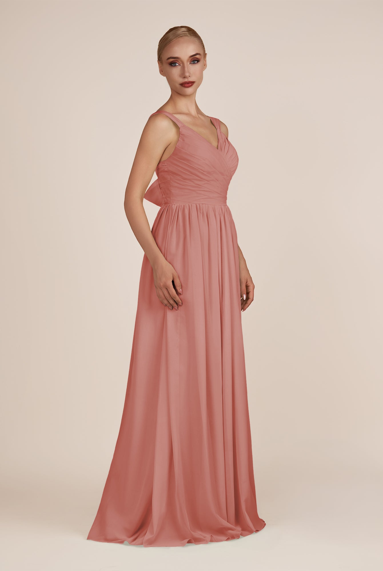 KissDress-Azura Mulberry A-Line V Neck Chiffon Pleated Long Bridesmaid Dress with Slit