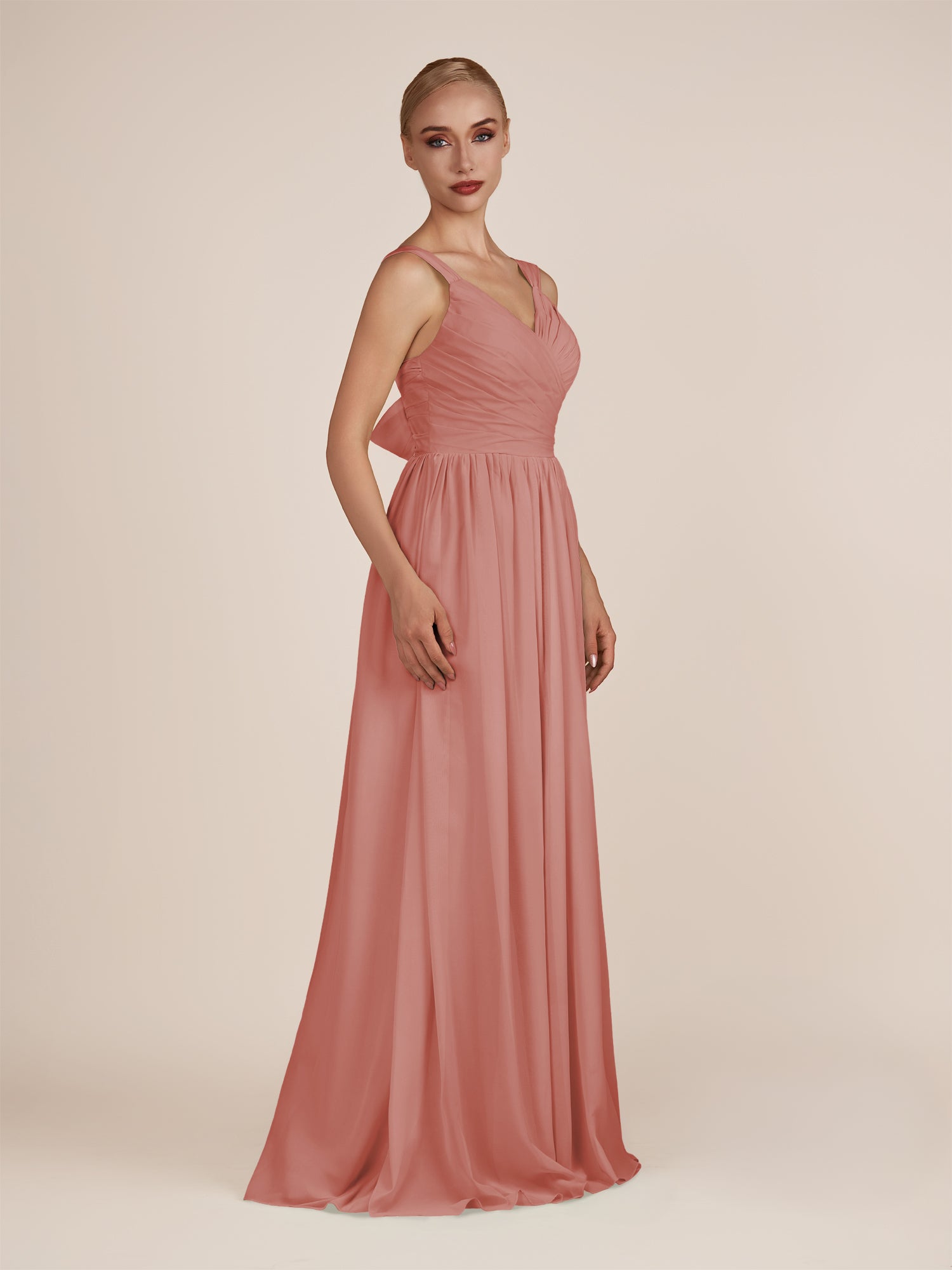 KissDress-Azura Mulberry A-Line V Neck Chiffon Pleated Long Bridesmaid Dress with Slit