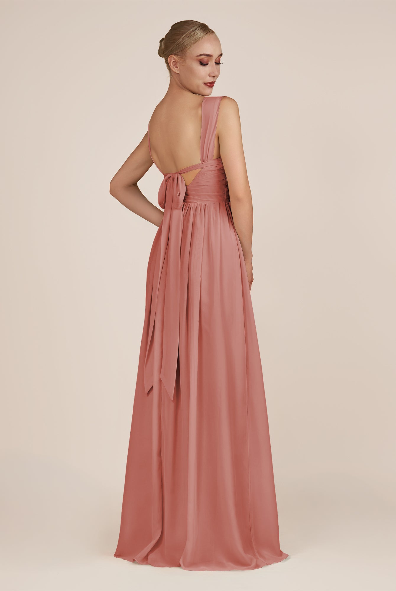 KissDress-Azura Mulberry A-Line V Neck Chiffon Pleated Long Bridesmaid Dress with Slit