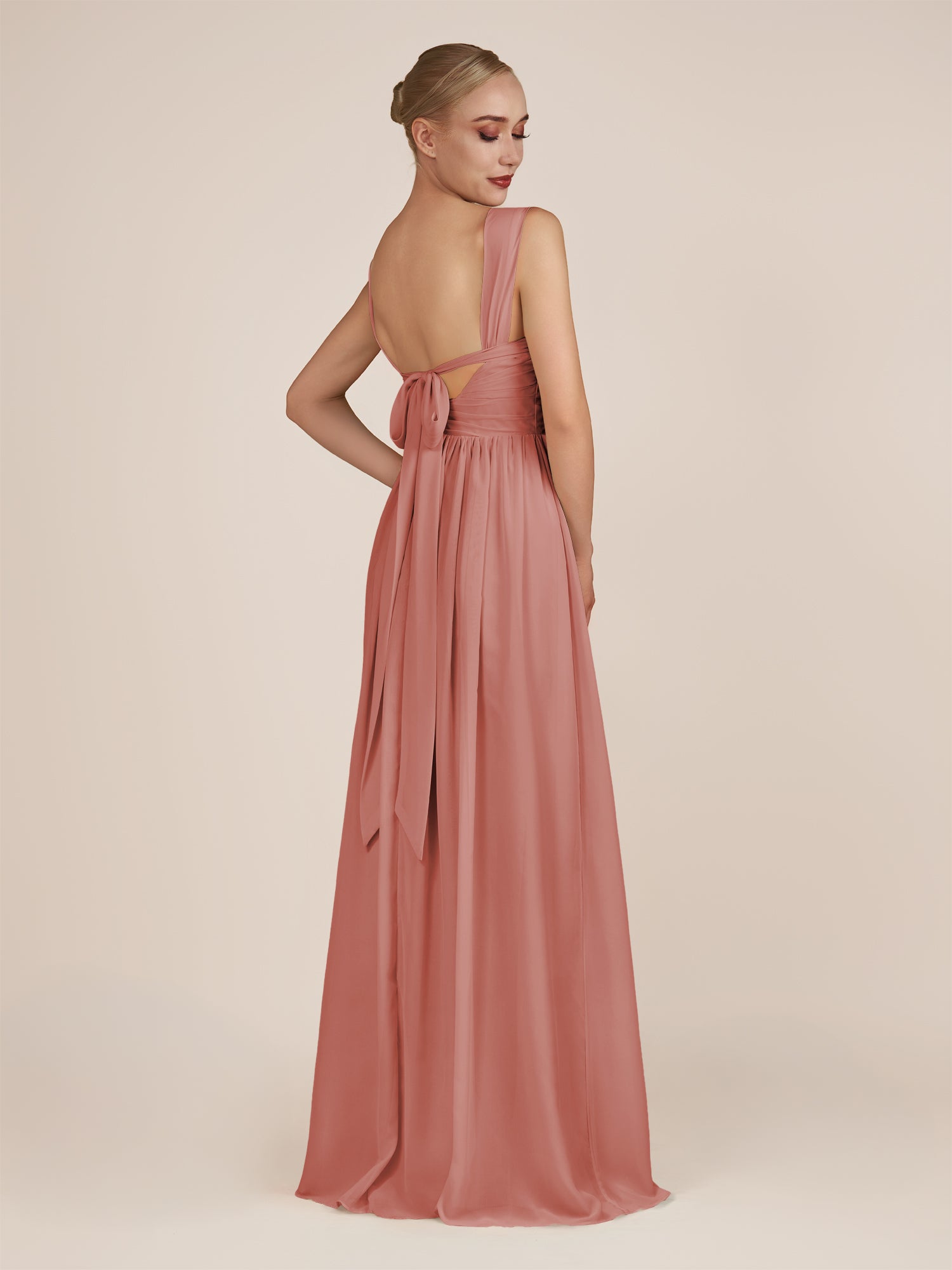 KissDress-Azura Mulberry A-Line V Neck Chiffon Pleated Long Bridesmaid Dress with Slit
