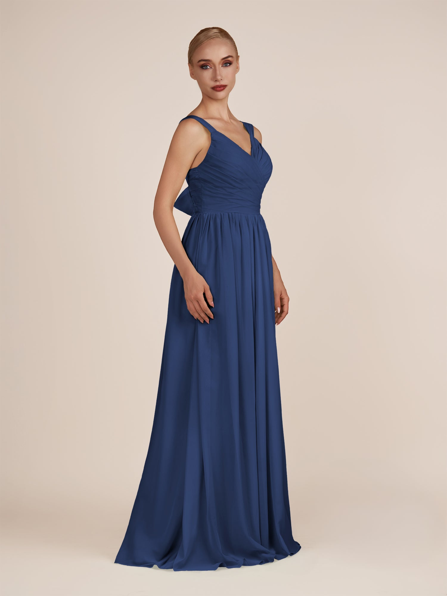 KissDress-Azura Navy A-Line V Neck Chiffon Pleated Long Bridesmaid Dress with Slit
