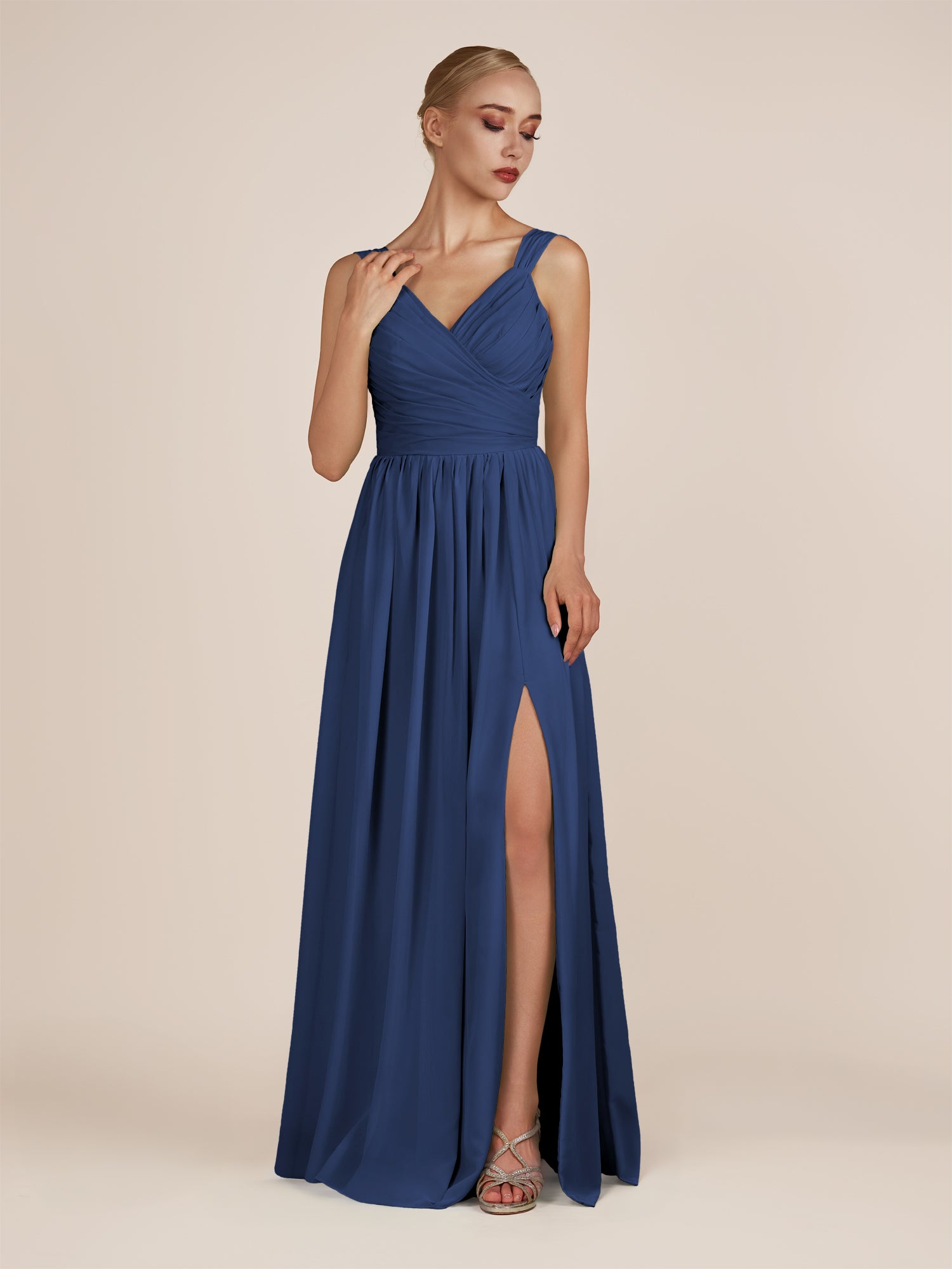 KissDress-Azura Navy A-Line V Neck Chiffon Pleated Long Bridesmaid Dress with Slit