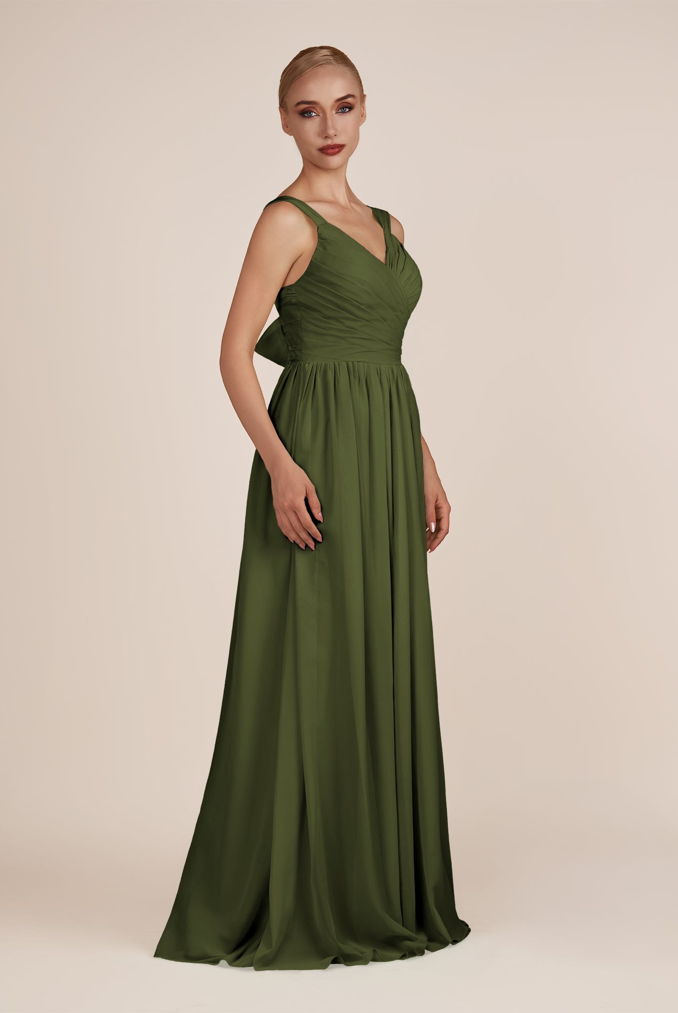 KissDress-Azura Olive A-Line V Neck Chiffon Pleated Long Bridesmaid Dress with Slit
