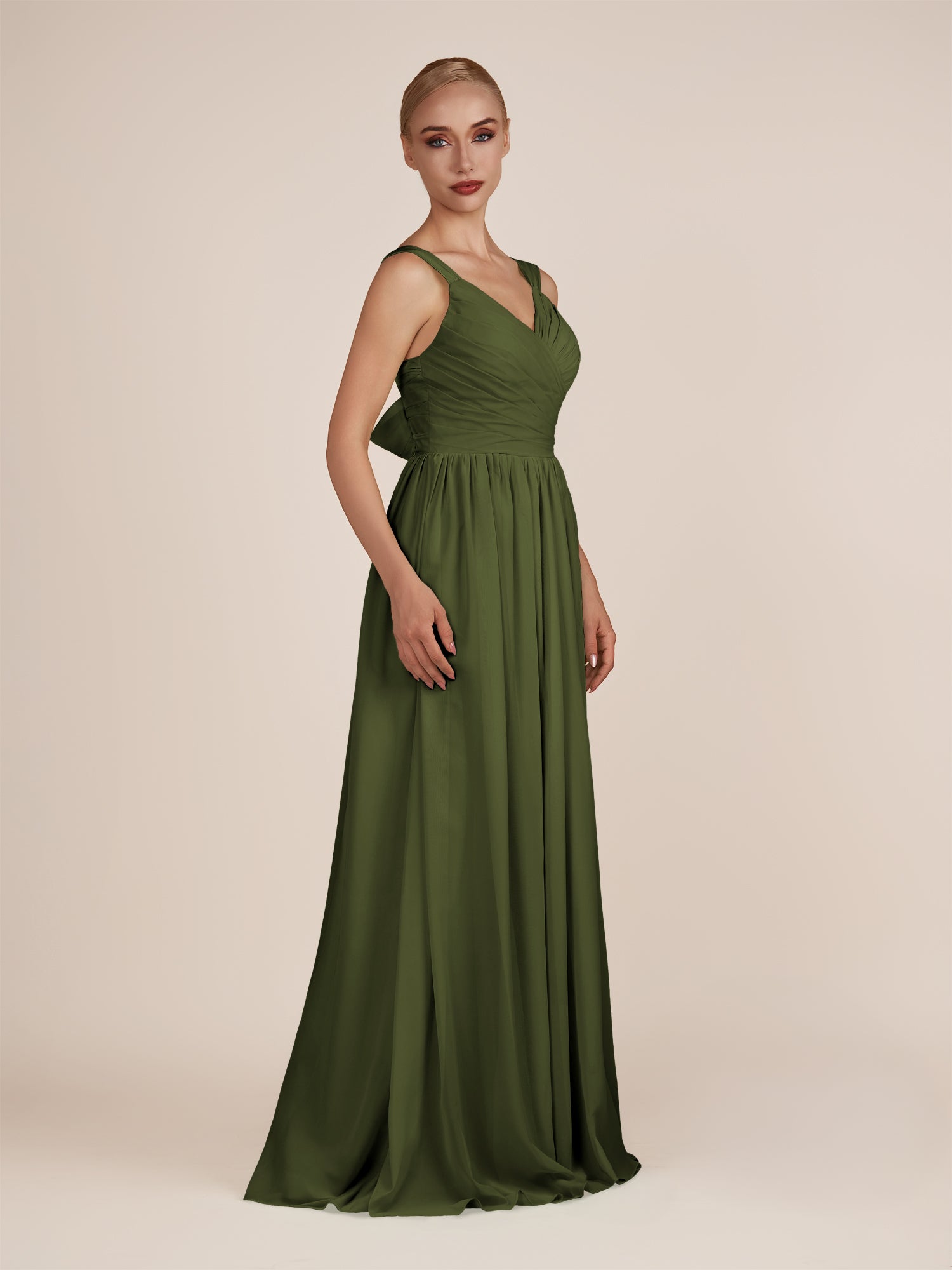KissDress-Azura Olive A-Line V Neck Chiffon Pleated Long Bridesmaid Dress with Slit