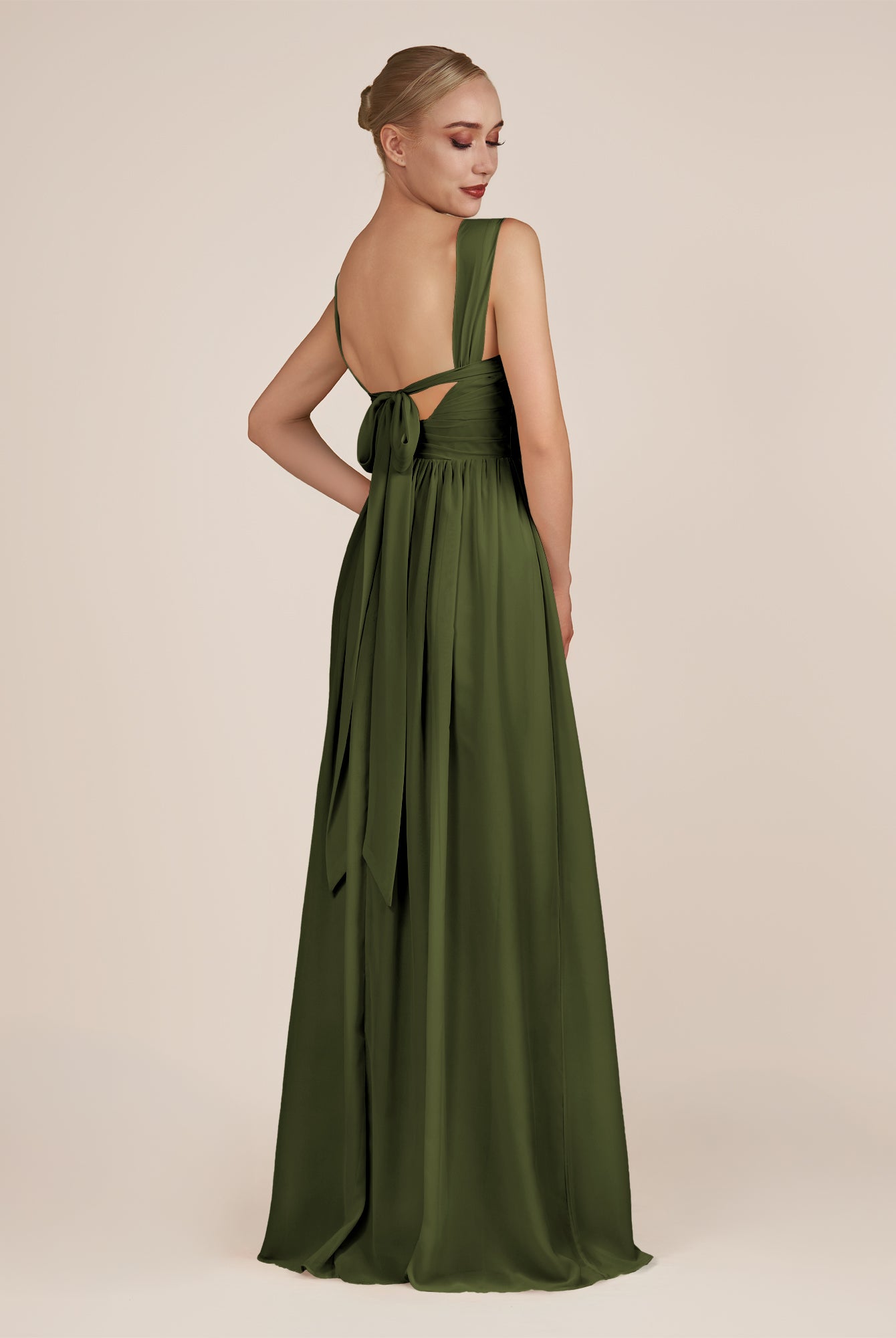 KissDress-Azura Olive A-Line V Neck Chiffon Pleated Long Bridesmaid Dress with Slit