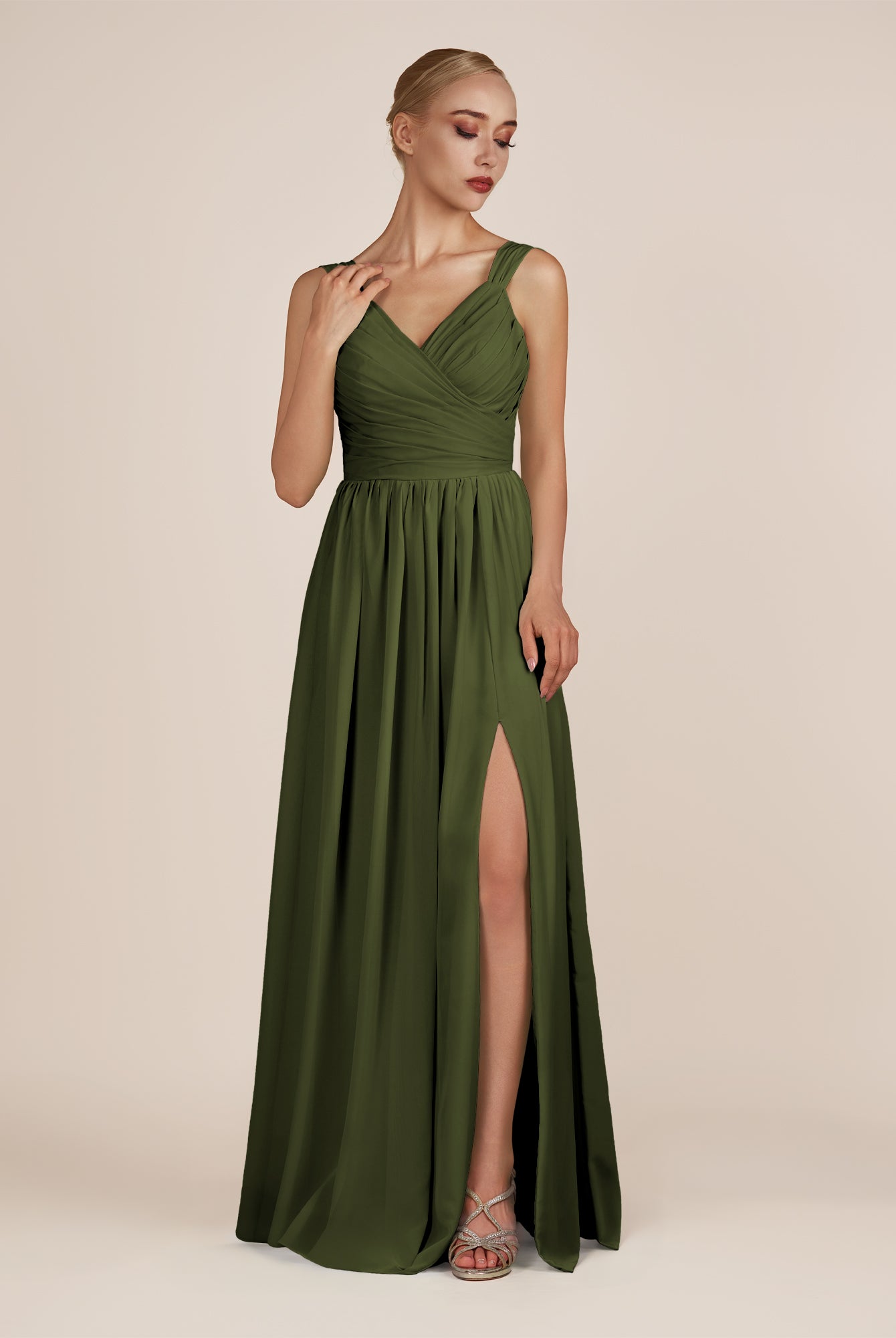 KissDress-Azura Olive A-Line V Neck Chiffon Pleated Long Bridesmaid Dress with Slit