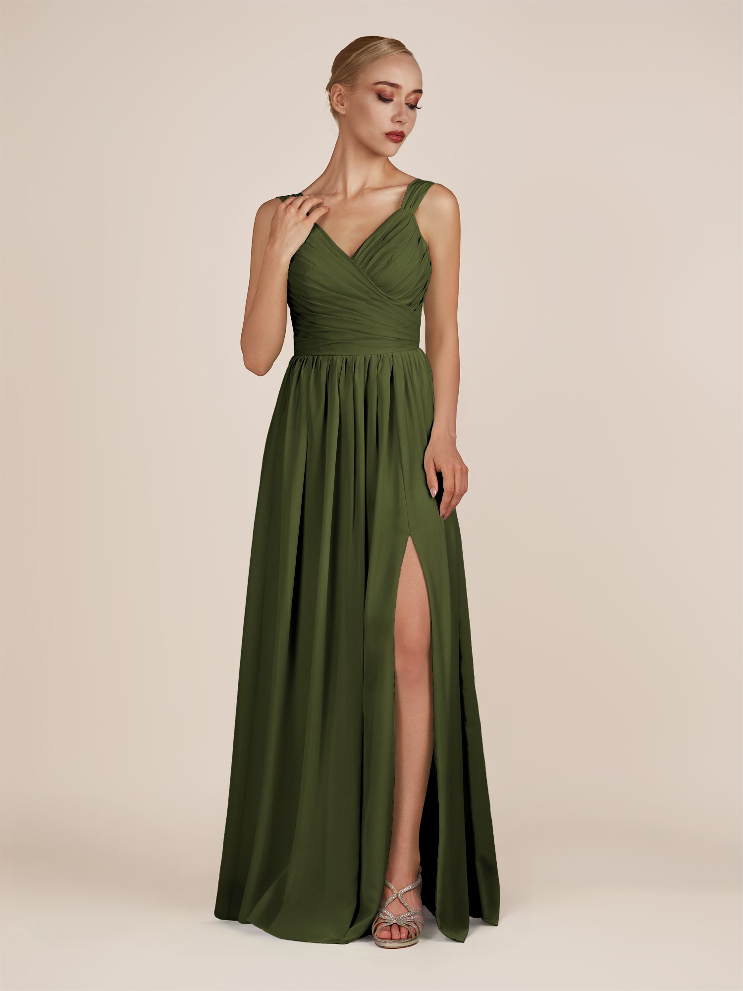 KissDress-Azura Olive A-Line V Neck Chiffon Pleated Long Bridesmaid Dress with Slit