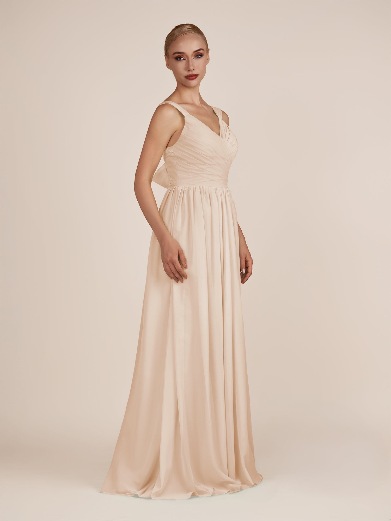 KissDress-Azura Pale Blush A-Line V Neck Chiffon Pleated Long Bridesmaid Dress with Slit