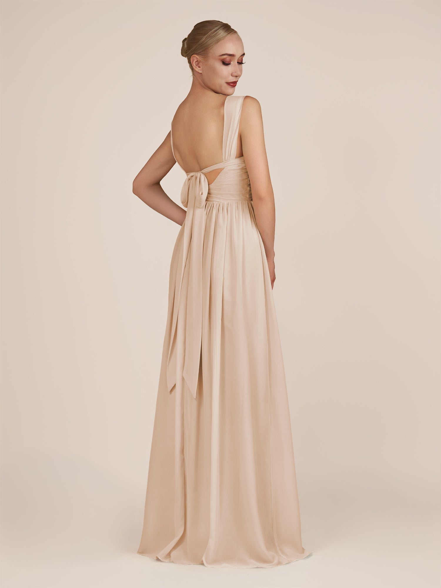 KissDress-Azura Pale Blush A-Line V Neck Chiffon Pleated Long Bridesmaid Dress with Slit