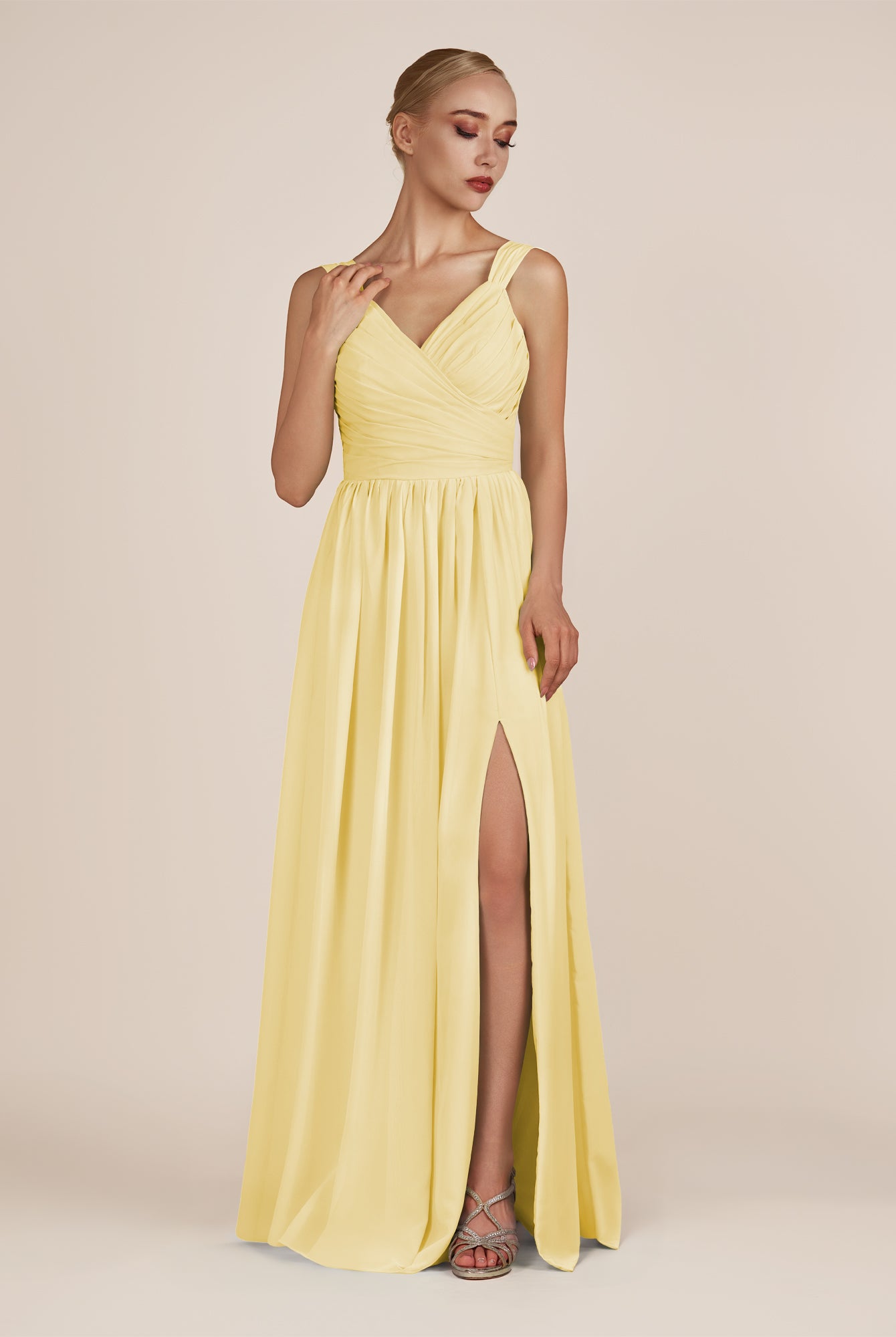KissDress-Azura Pastel Yellow A-Line V Neck Chiffon Pleated Long Bridesmaid Dress with Slit