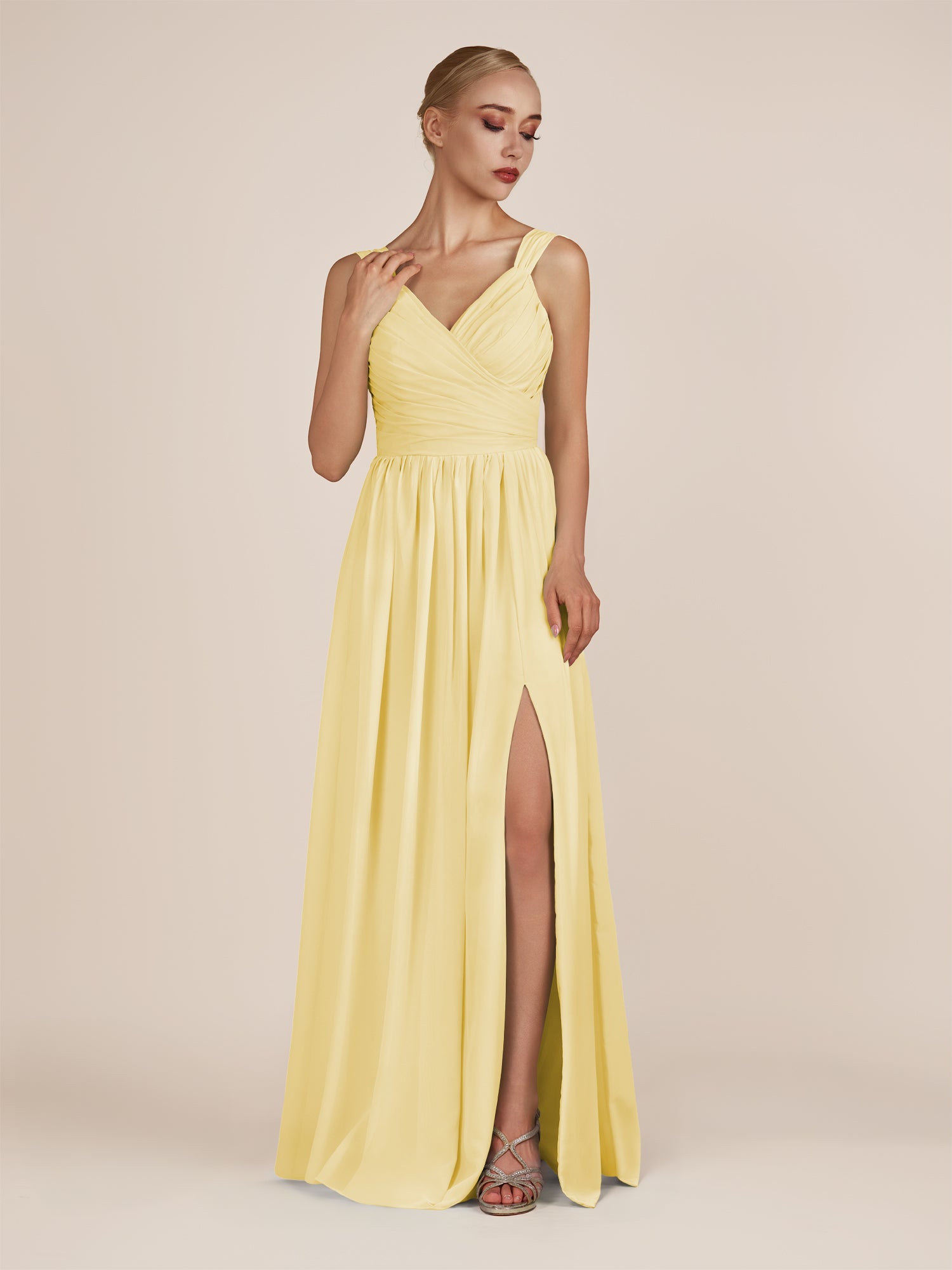 KissDress-Azura Pastel Yellow A-Line V Neck Chiffon Pleated Long Bridesmaid Dress with Slit