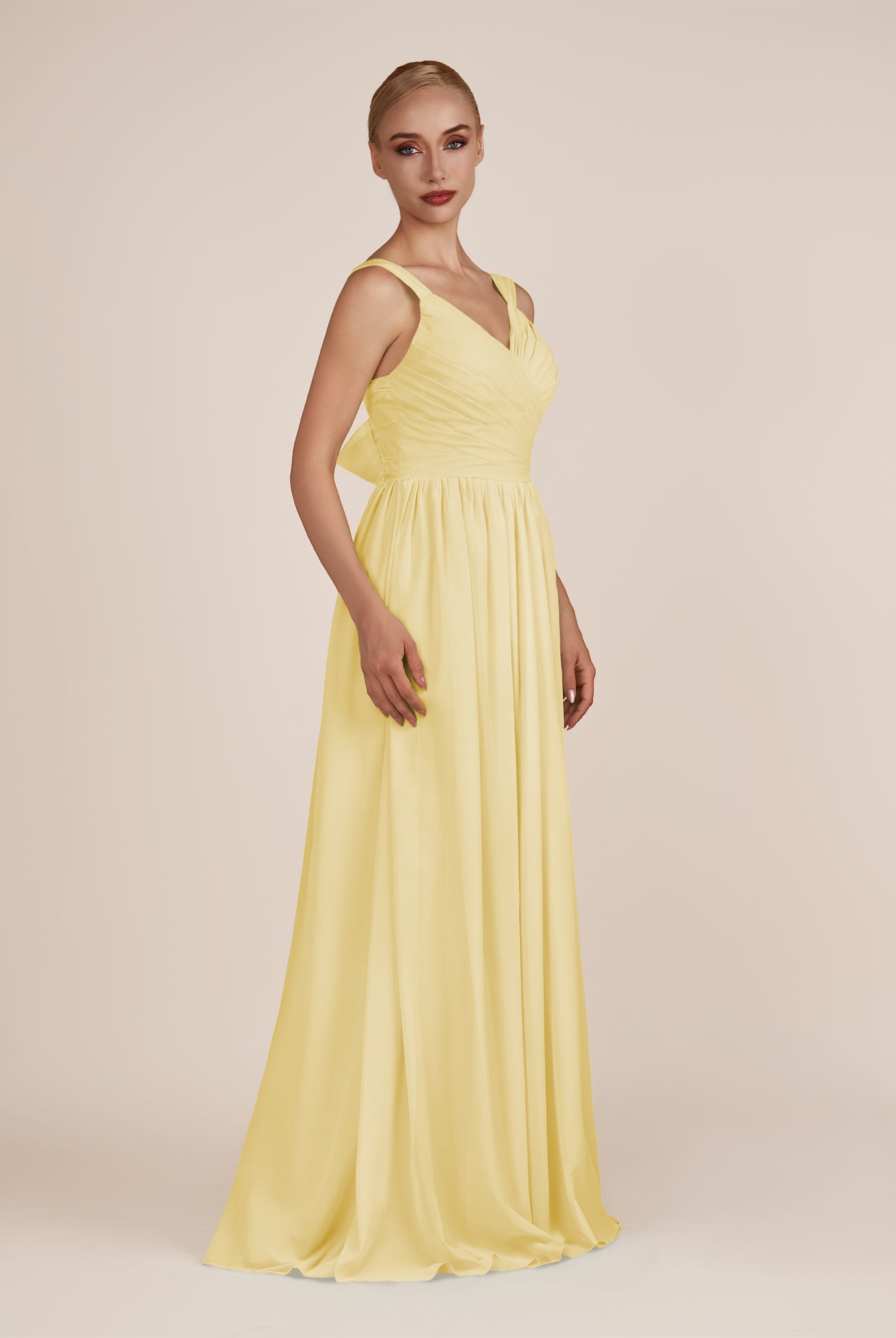 KissDress-Azura Pastel Yellow A-Line V Neck Chiffon Pleated Long Bridesmaid Dress with Slit