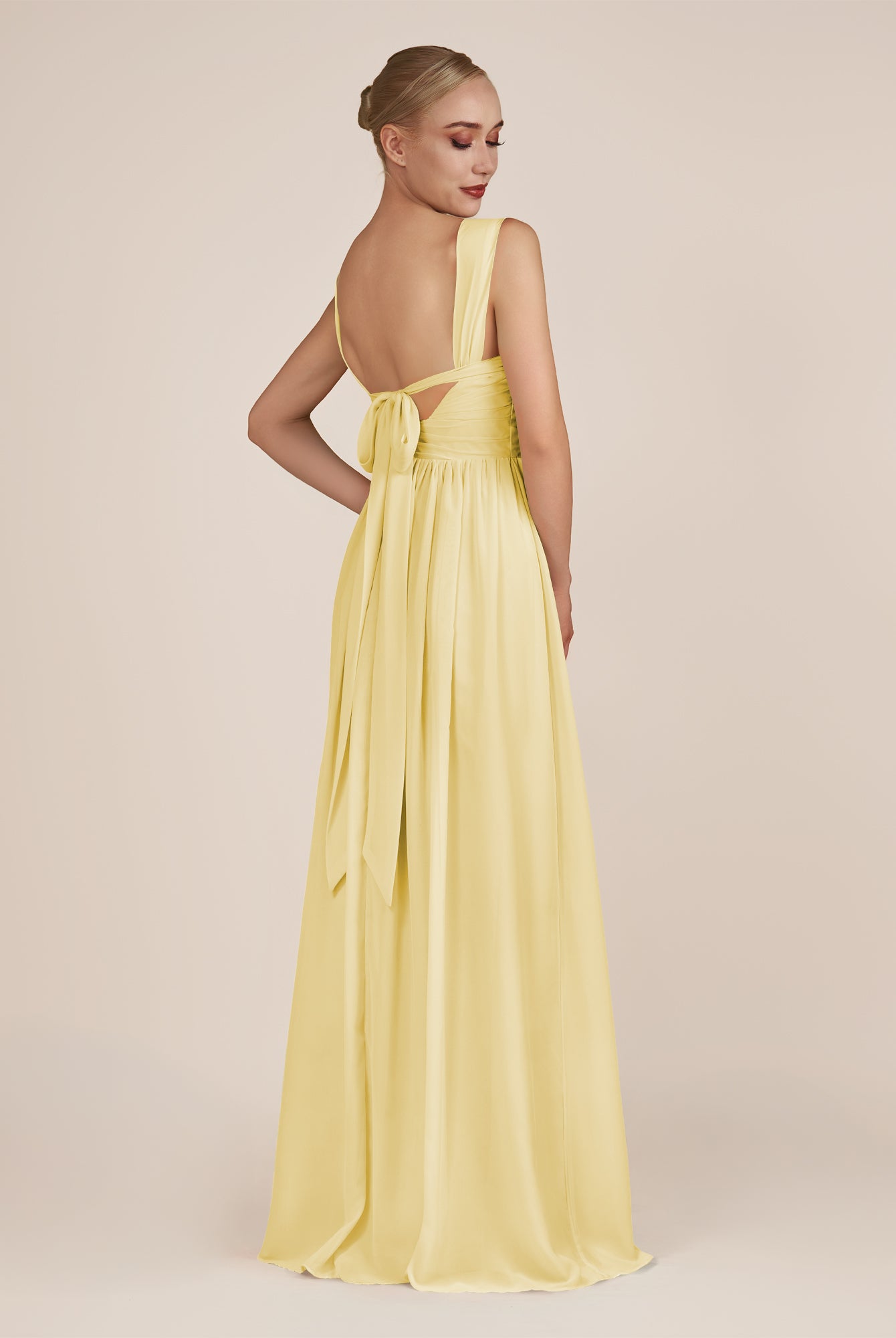 KissDress-Azura Pastel Yellow A-Line V Neck Chiffon Pleated Long Bridesmaid Dress with Slit