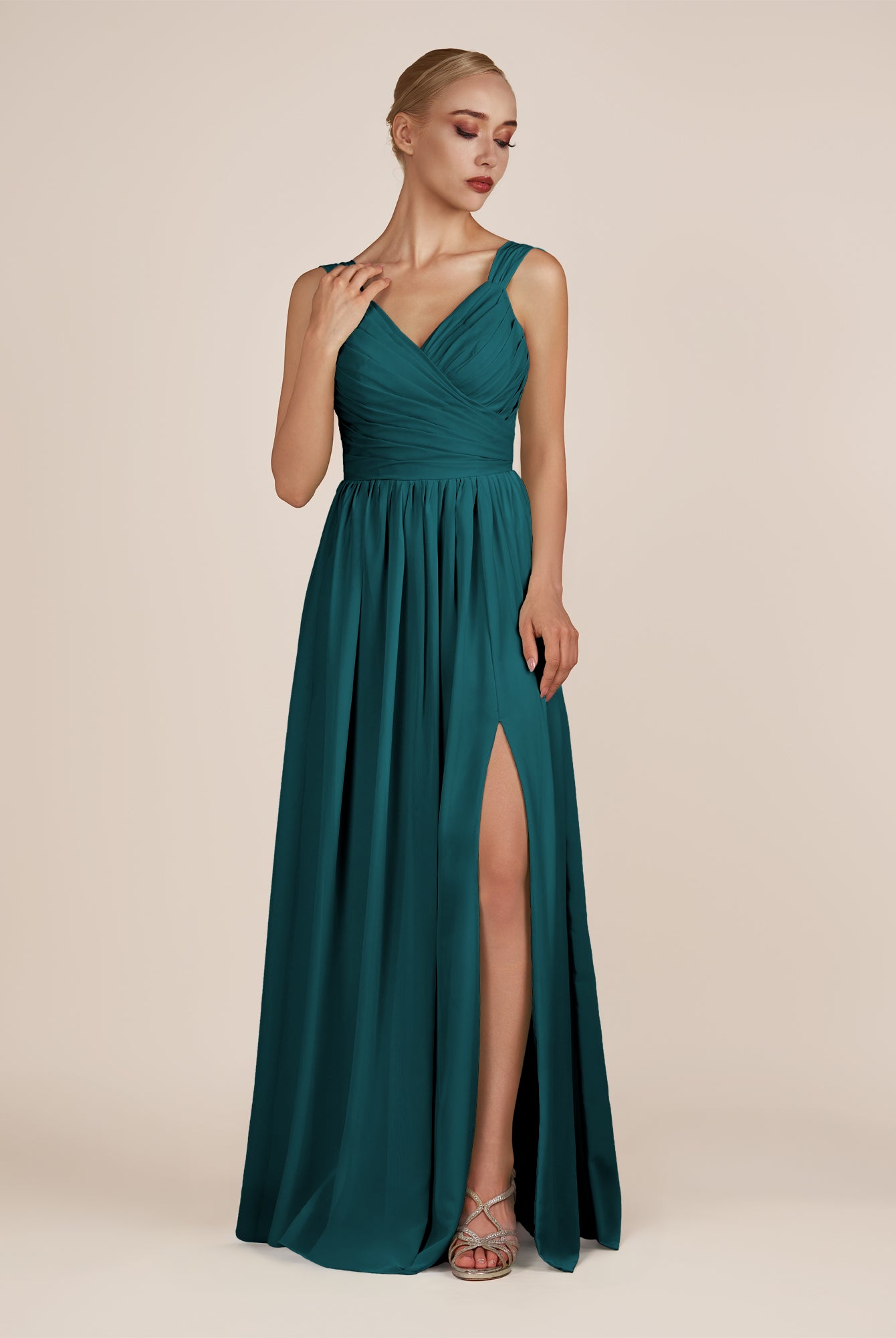 KissDress-Azura Pine A-Line V Neck Chiffon Pleated Long Bridesmaid Dress with Slit
