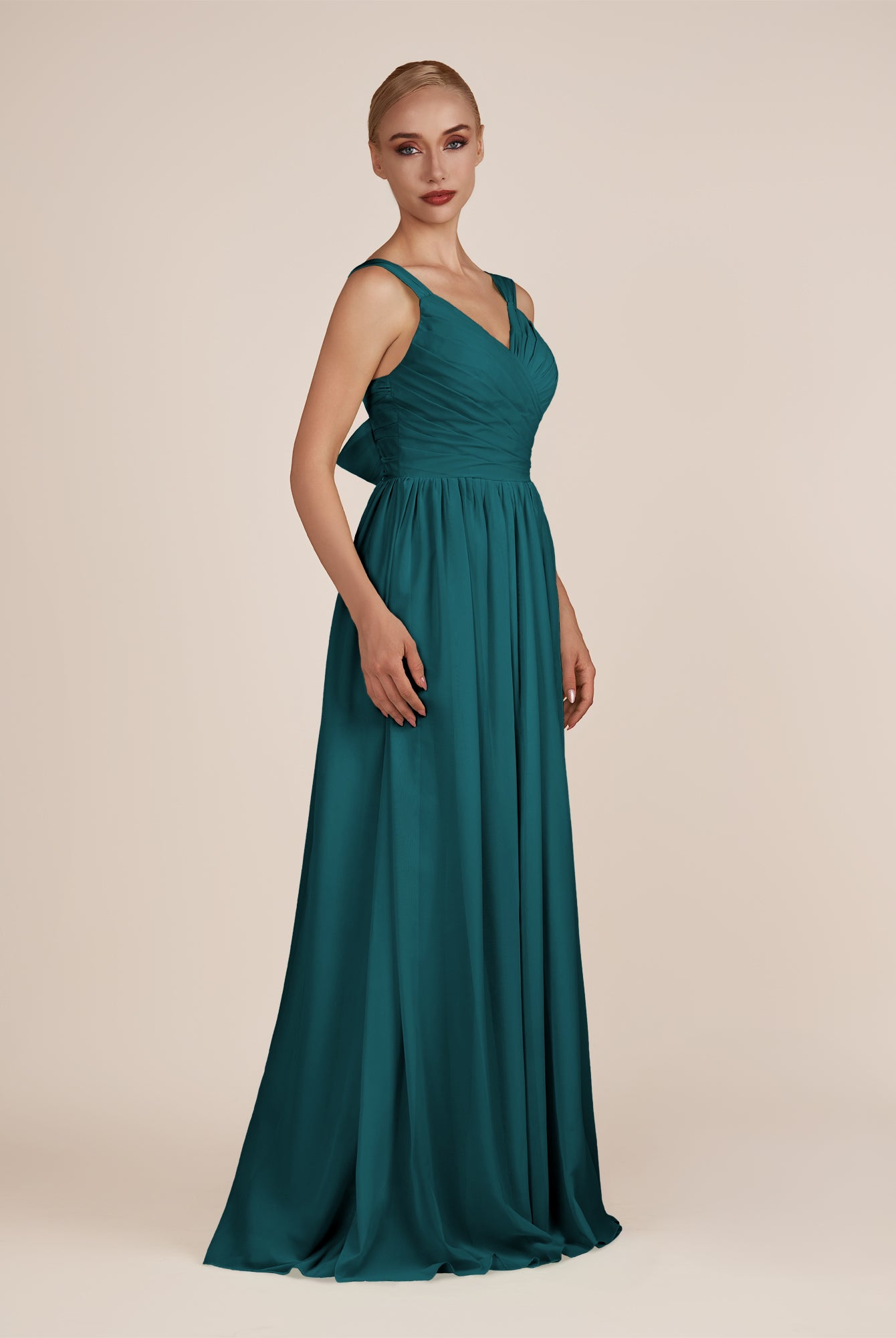 KissDress-Azura Pine A-Line V Neck Chiffon Pleated Long Bridesmaid Dress with Slit